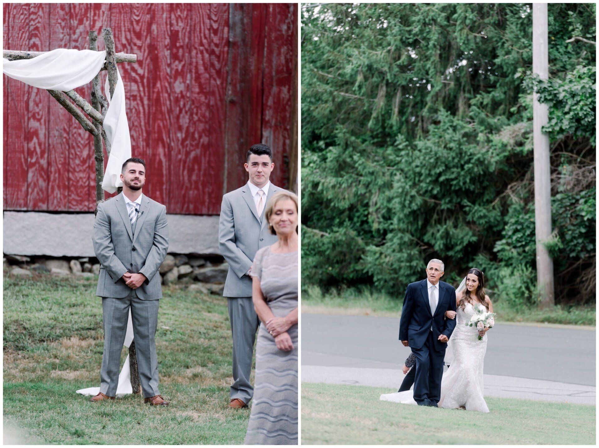 Two wedding portraits outdoors: a couple in formalwear on a path, and a trio posing by a red barn.
