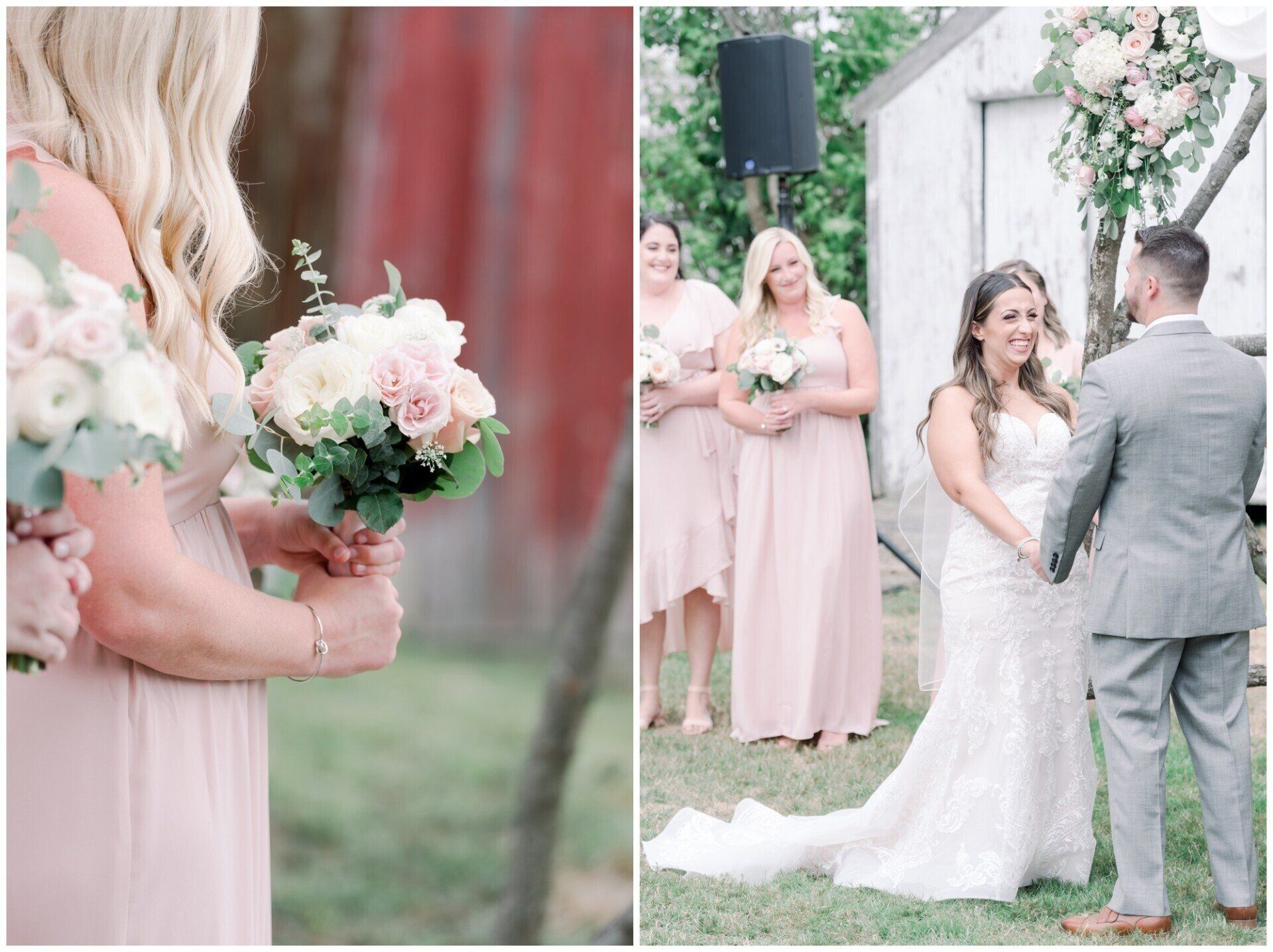 Bride and groom with bridesmaids at an outdoor wedding, holding pastel bouquets and smiling beside a floral backdrop