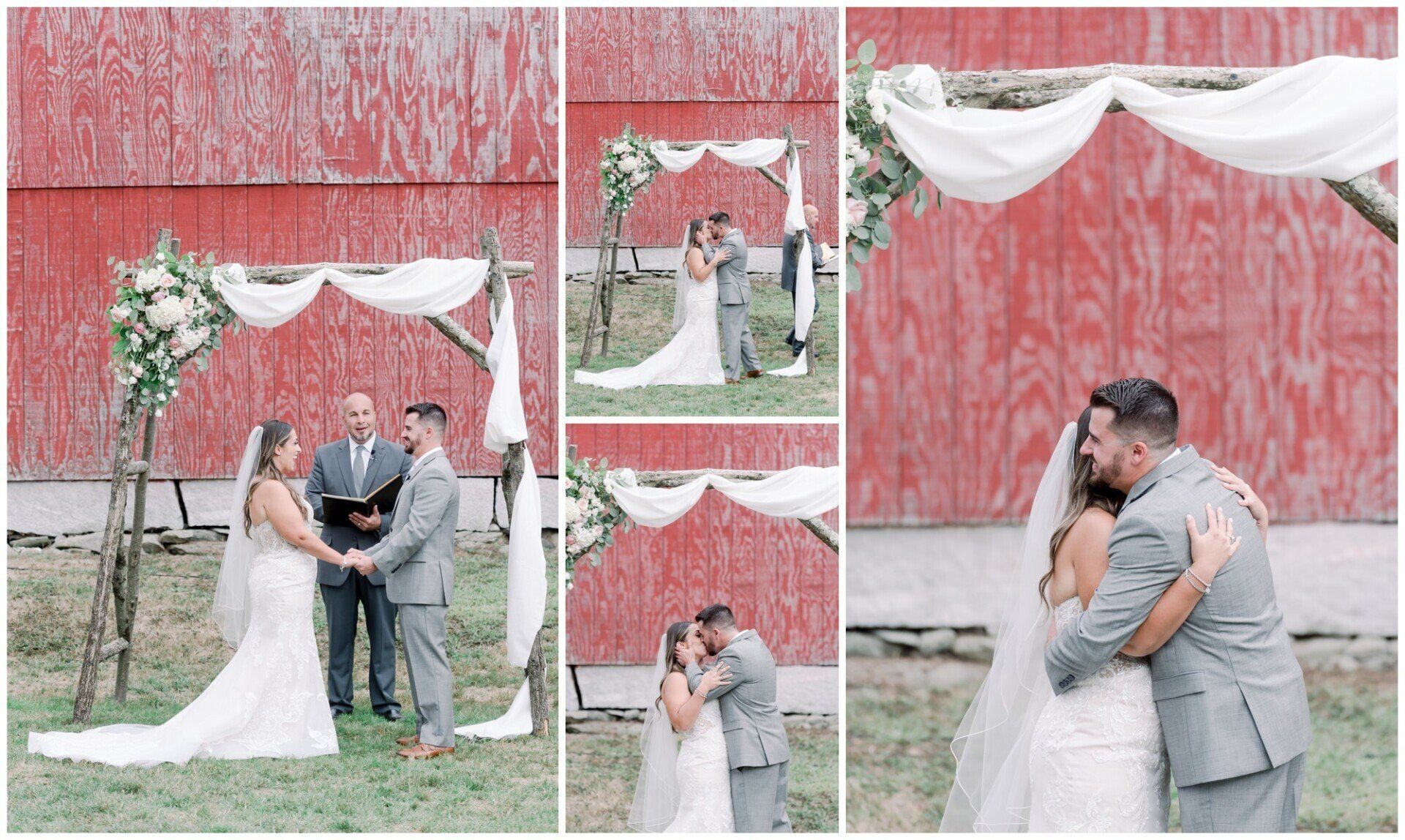 Wedding couple sharing a kiss under a white draped arch against a red barn backdrop
