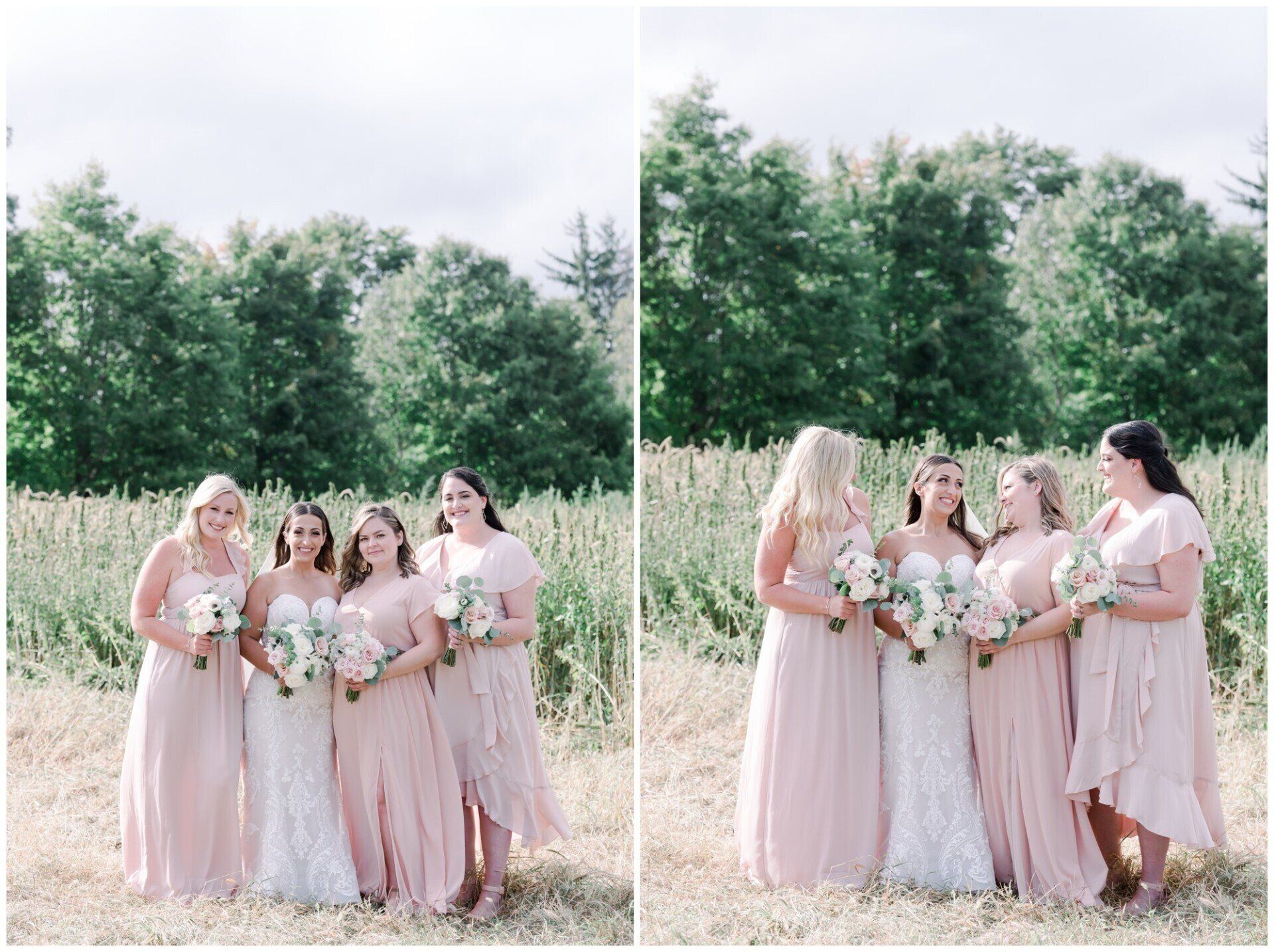 Bridesmaids in blush dresses holding bouquets in a sunny meadow, chatting and posing together.