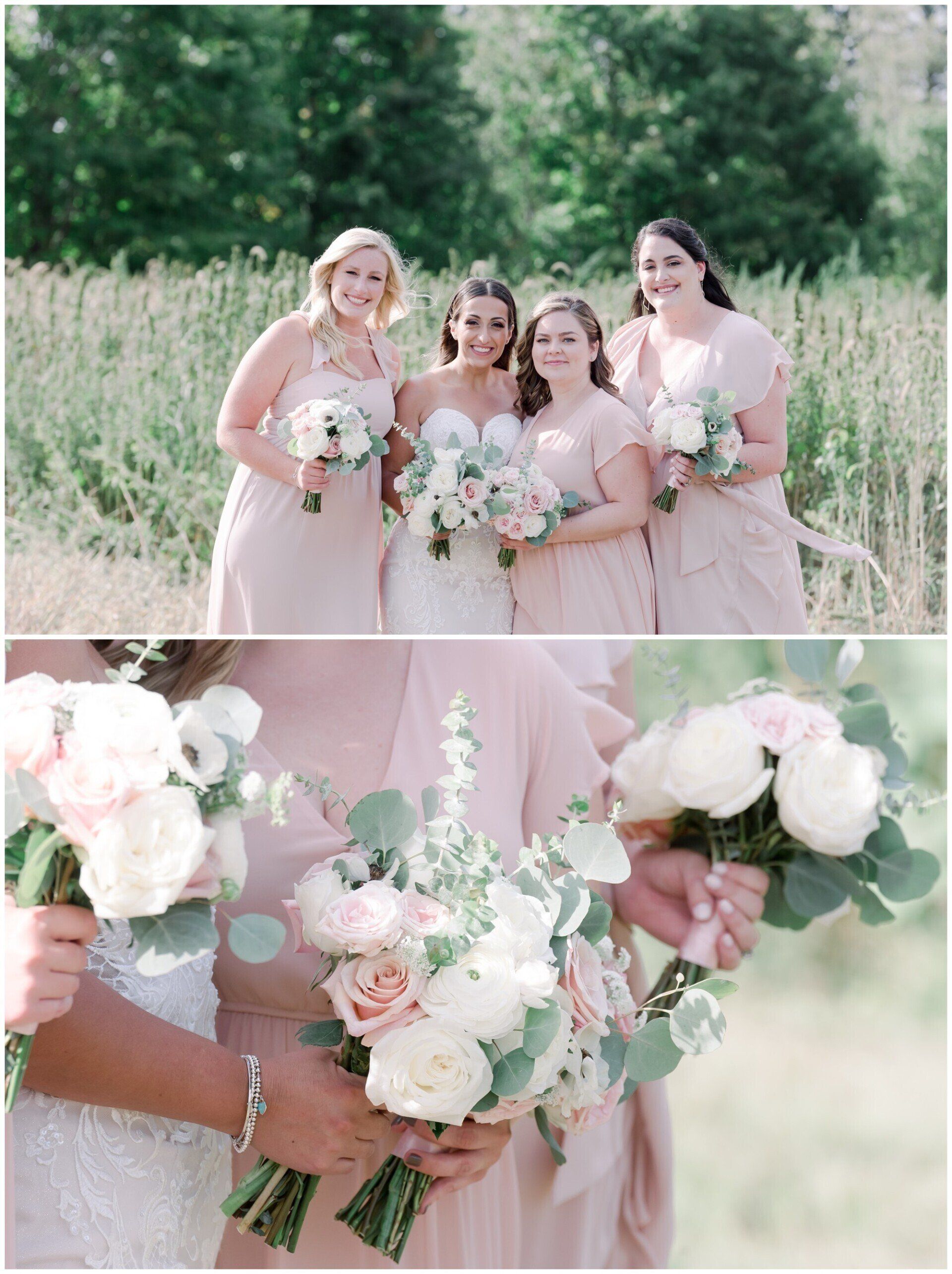 Four women in blush dresses holding white and pink bouquets in a sunny outdoor field