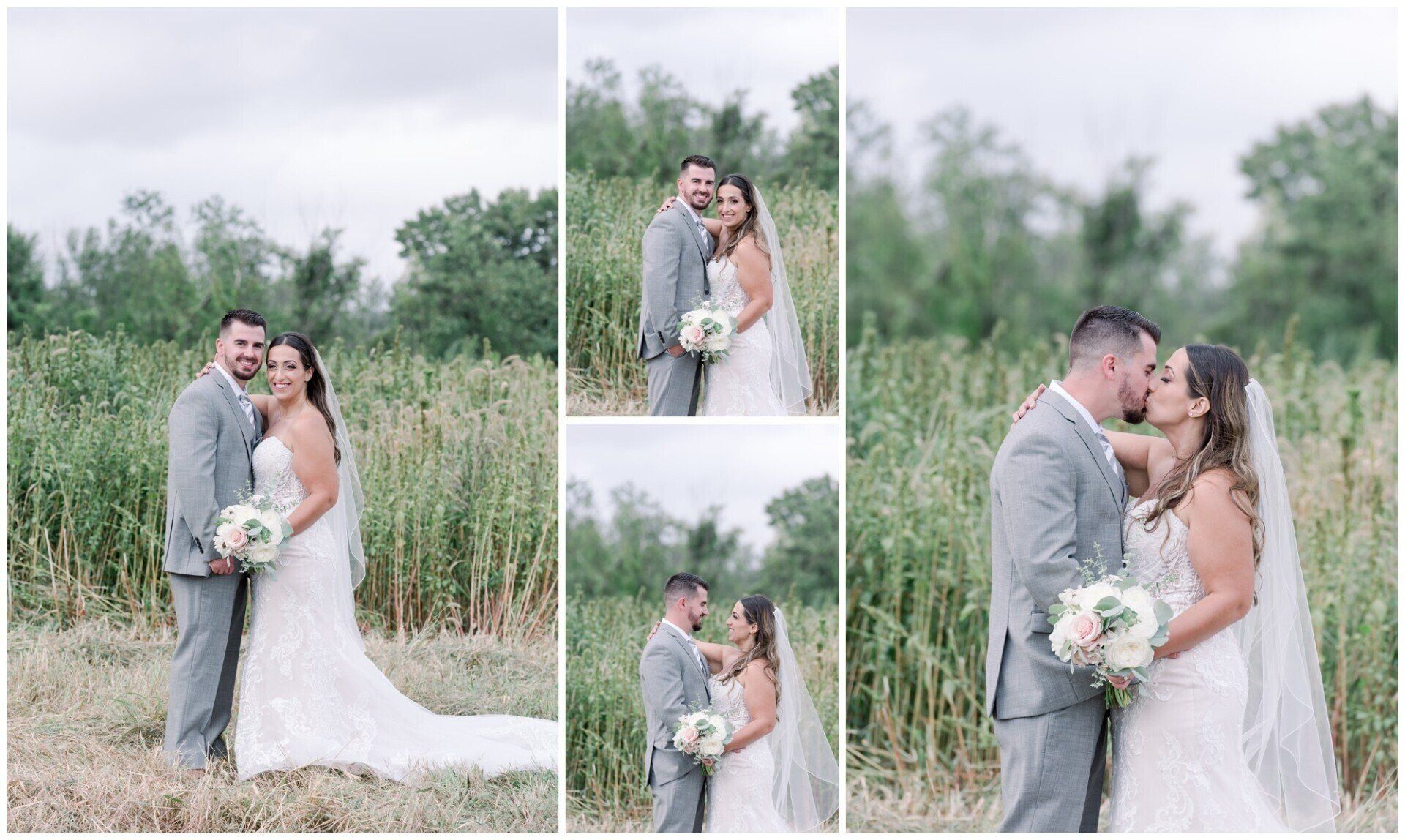 Bride and groom posing and kissing in a lush outdoor field with tall grass and soft greenery.