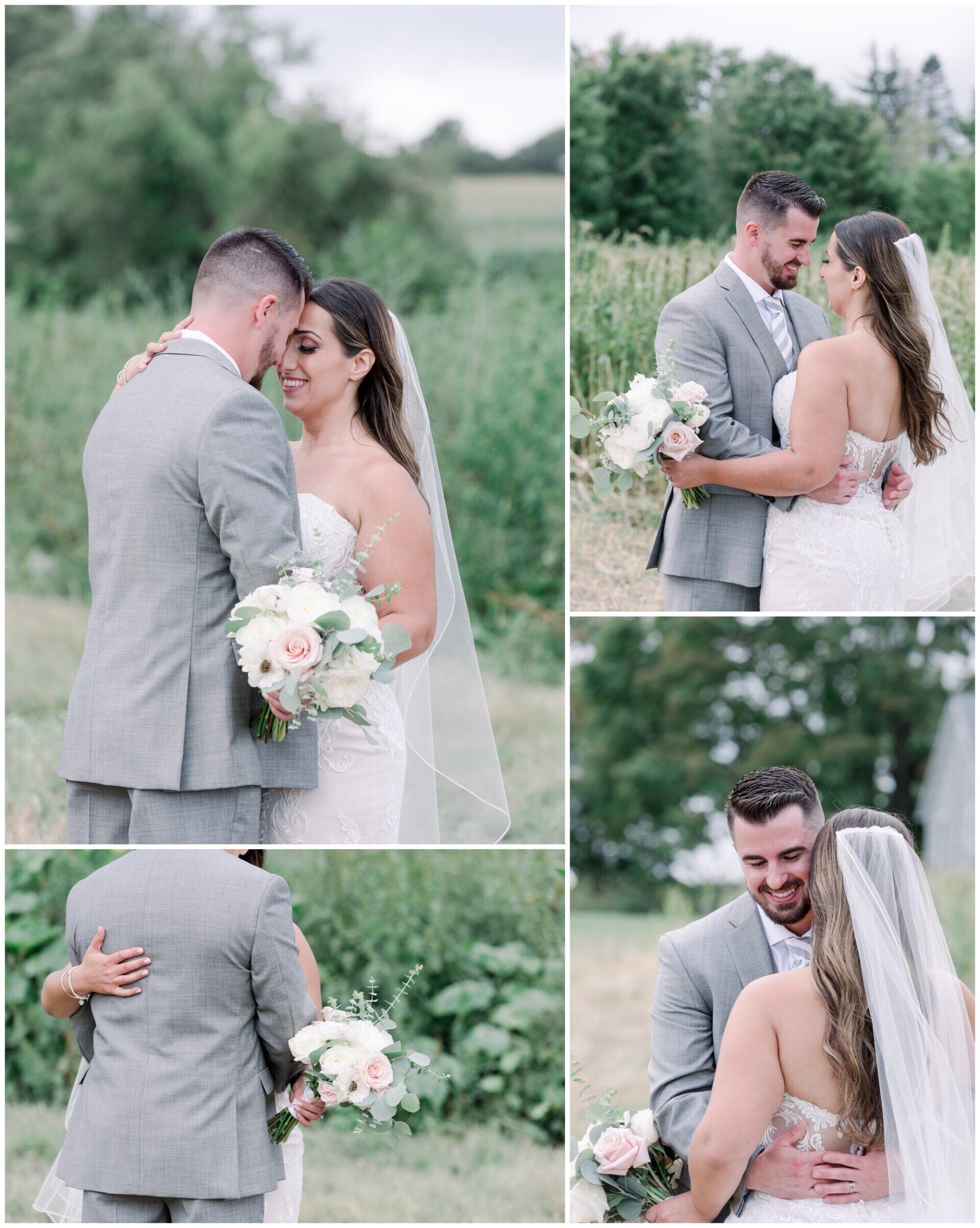 Wedding couple embracing outdoors in a green field, shown in a three-photo collage.