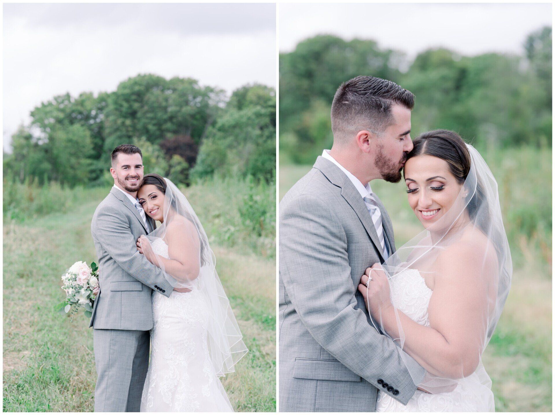 Bride and groom embracing outdoors in soft green garden light, wedding portrait