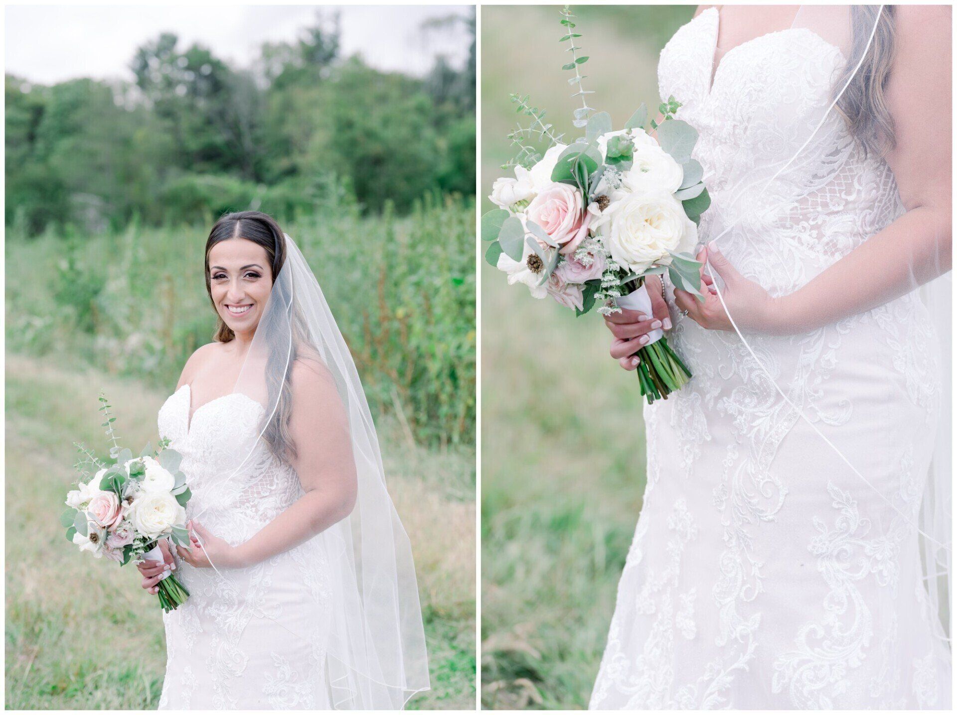 Bride in a white lace dress and veil holding a pink-and-white bouquet in a green field.