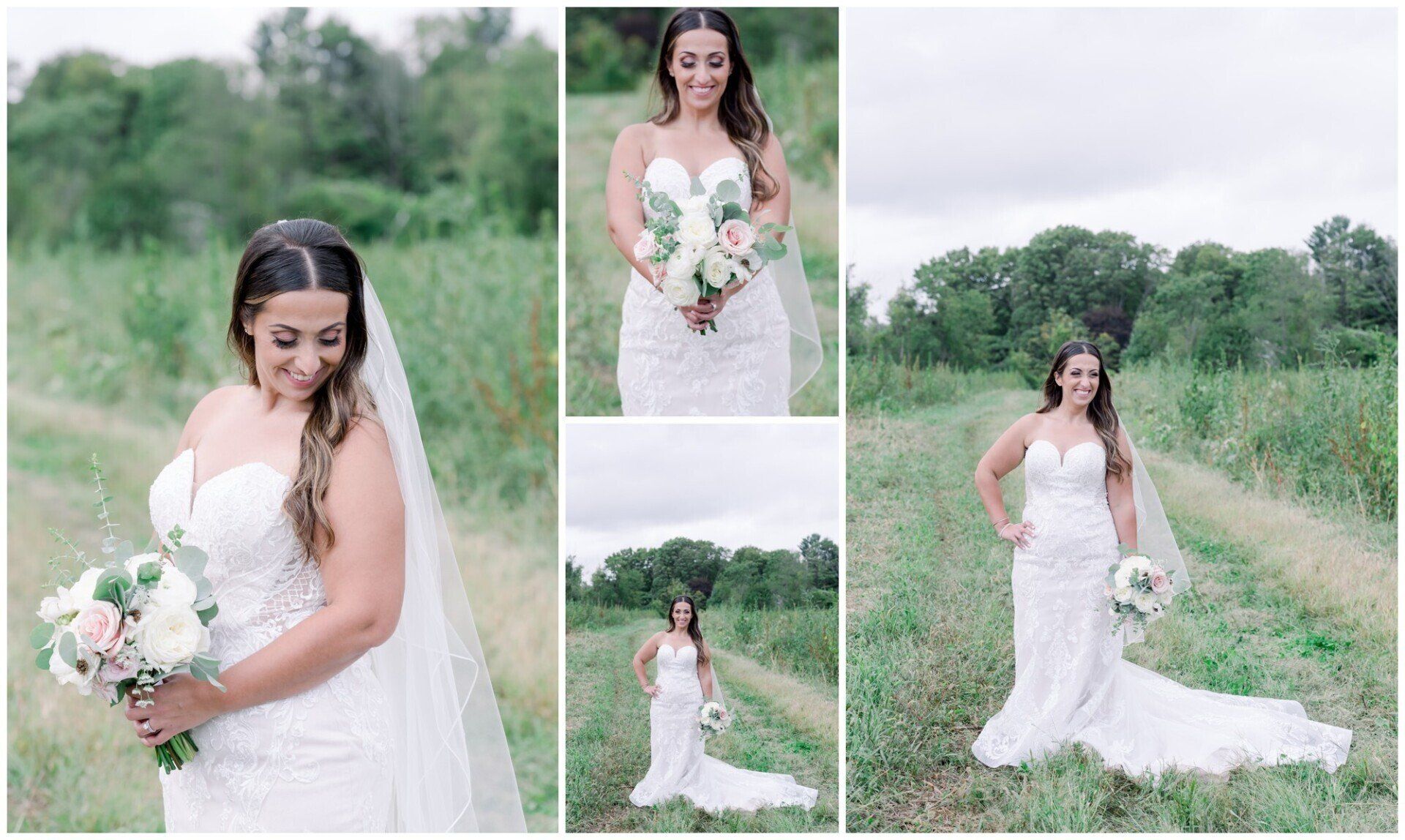 Bride in a white gown holding a bouquet in a green field, shown in a collage of wedding portraits