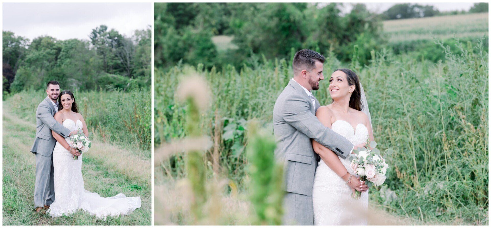 Bride and groom posing in a green field, with a close-up of the couple embracing outdoors.