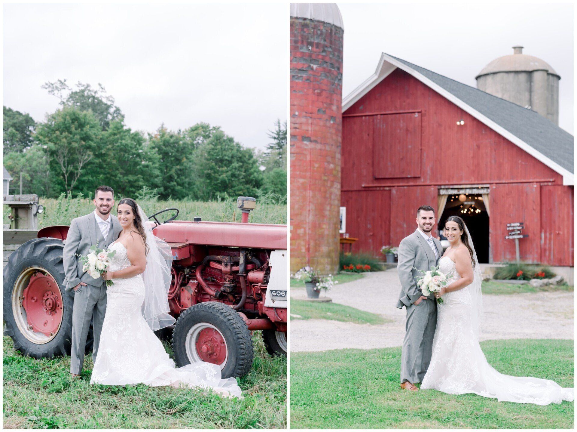 Bride and groom posing by a red tractor and barn on a farm.