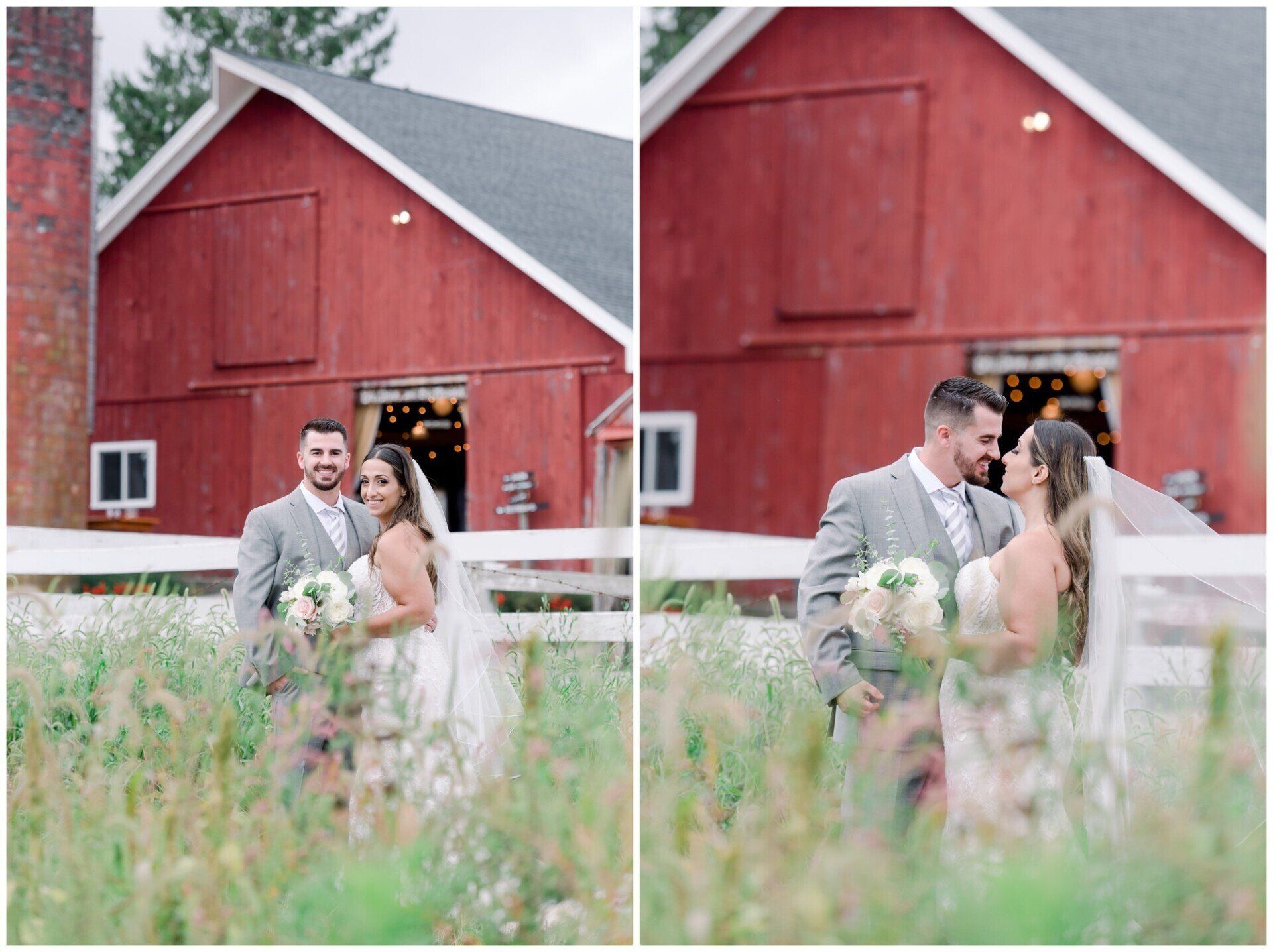 Bride and groom kissing in front of a red barn behind a white fence
