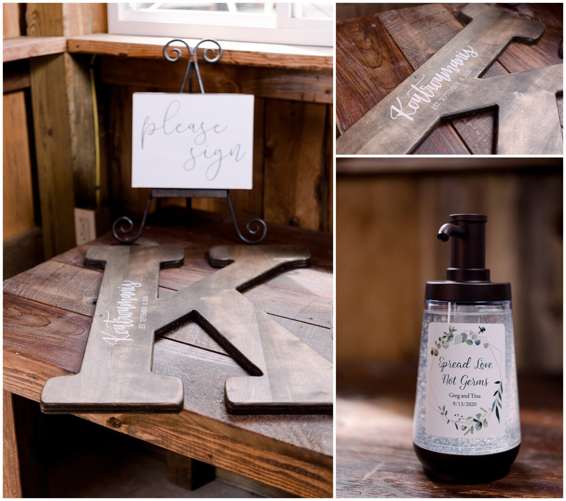 Rustic wedding table decor with metal initials, handwritten place card, and soap dispenser on wood.