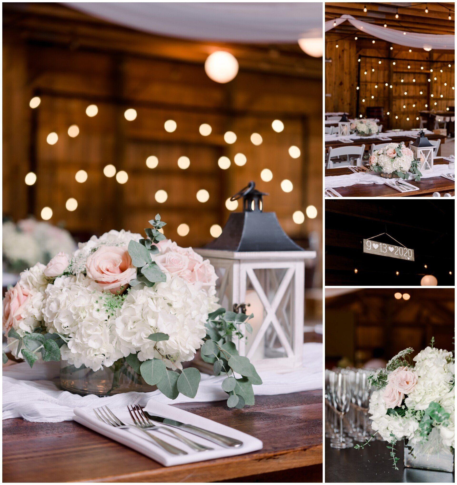 Rustic wedding table with white and blush floral centerpiece, lantern, and warm string lights