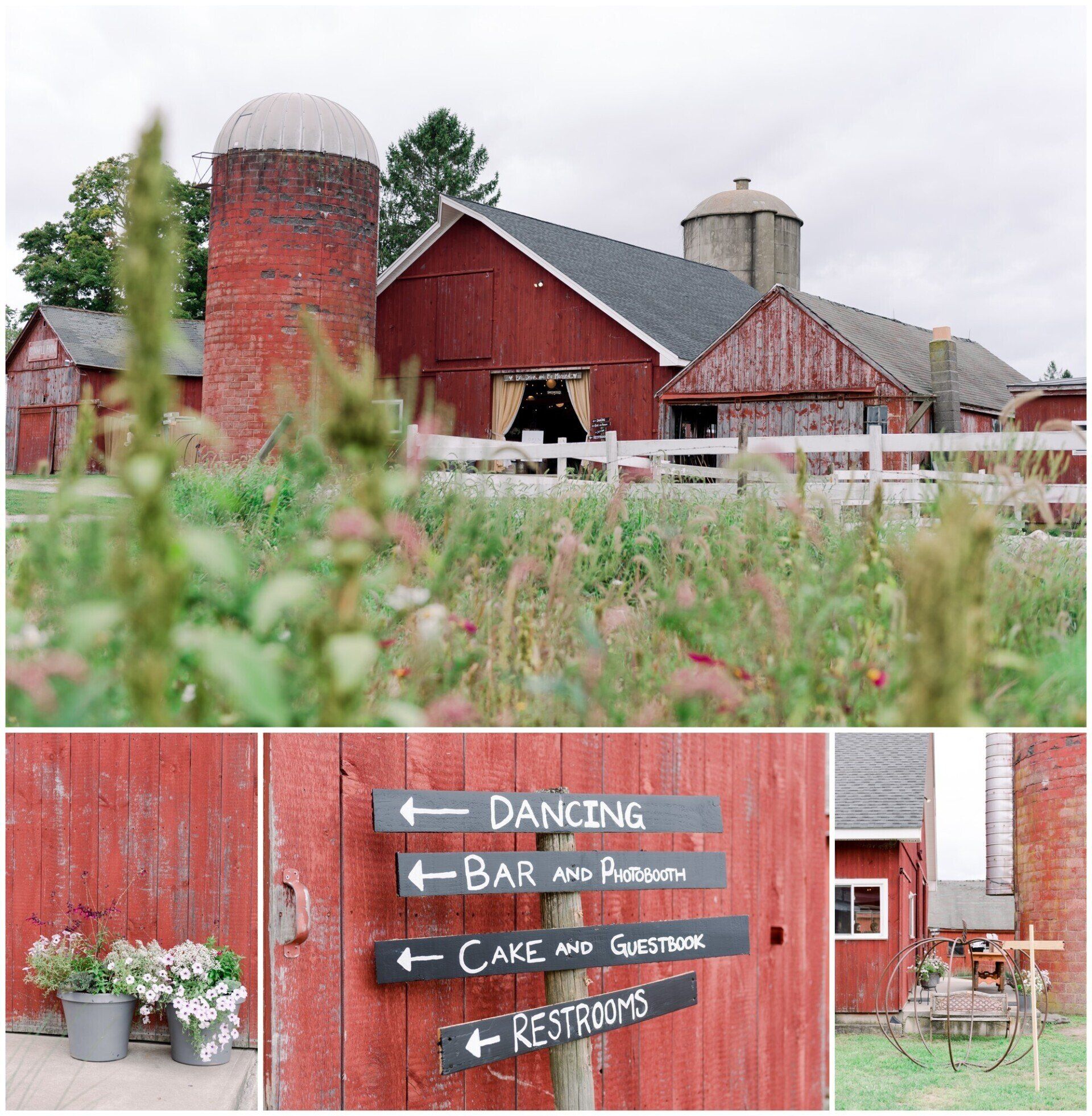 Red barn and silos on a farm, with a sign pointing to dancing, bar and pizza, café and creamery, and restrooms