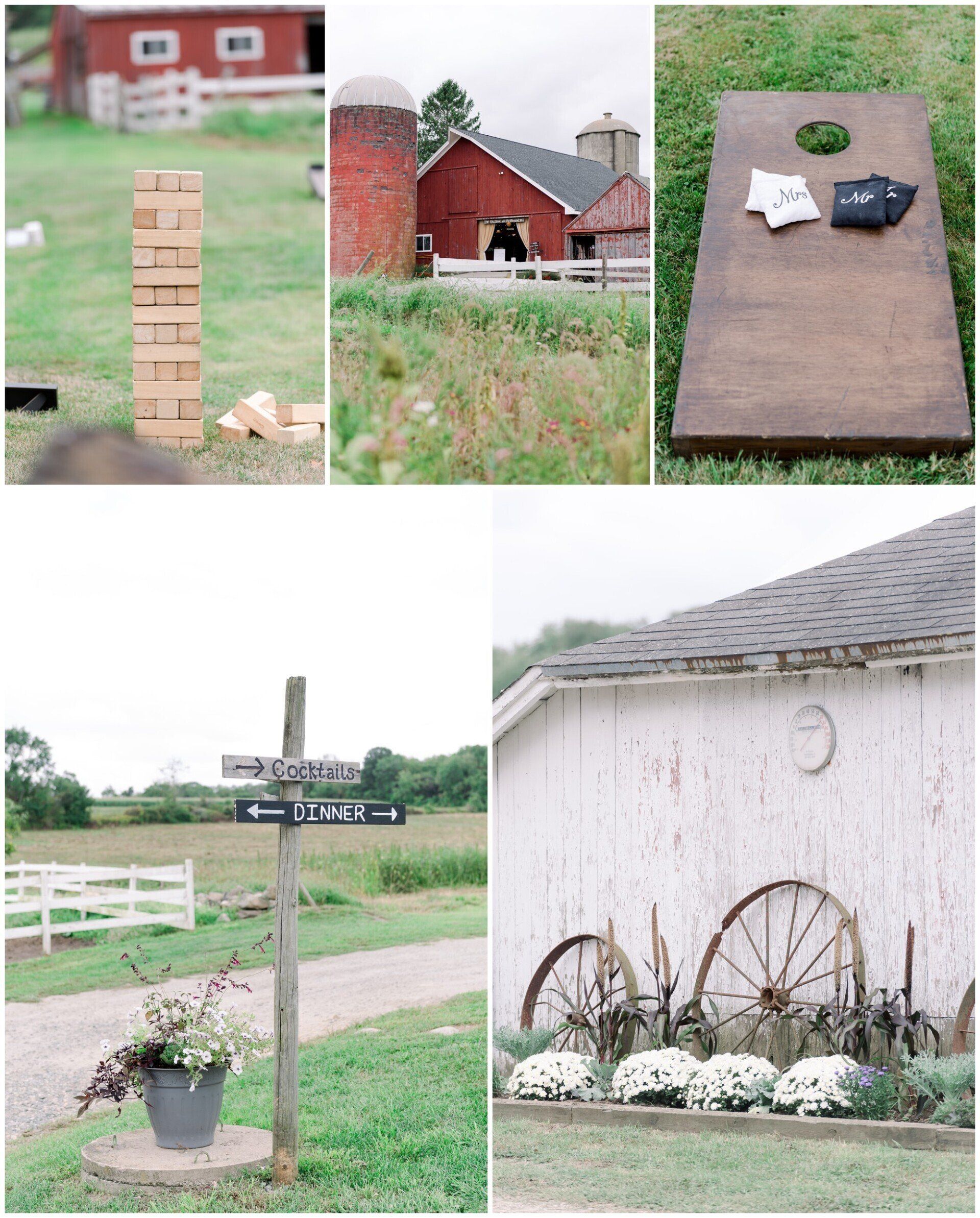 Rural yard collage with a red barn, brick silo, signpost, bench, and wagon wheels by a white shed