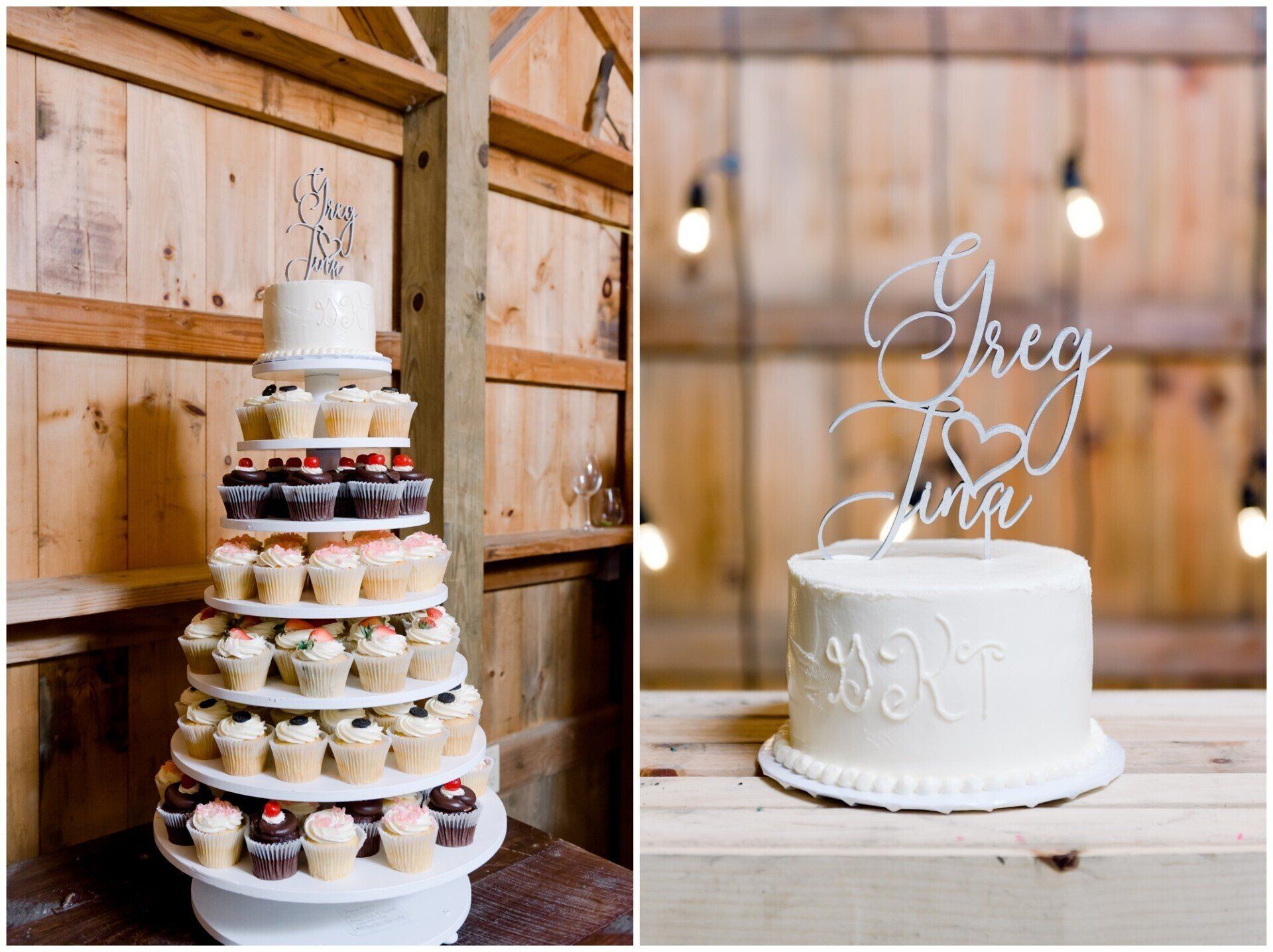 Wedding cakes on rustic wooden backdrop: a tall dessert tower and a white cake with a script topper.