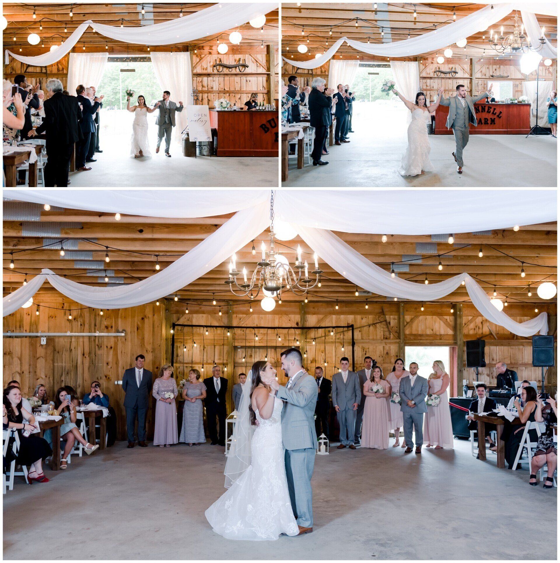 Wedding couple dancing in a rustic barn venue with guests watching nearby