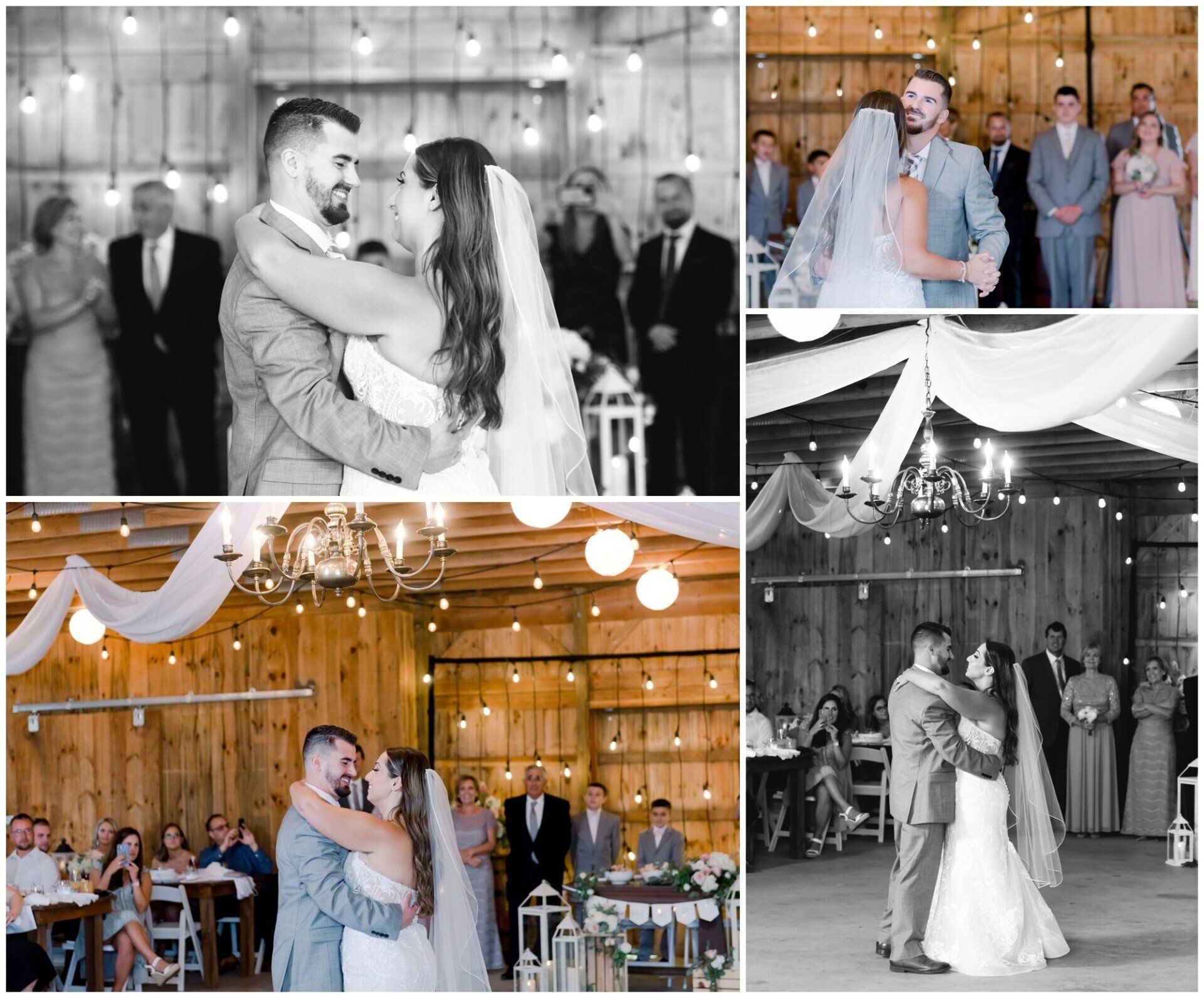 Wedding couple dancing in a rustic barn under string lights, shown in a four-photo collage