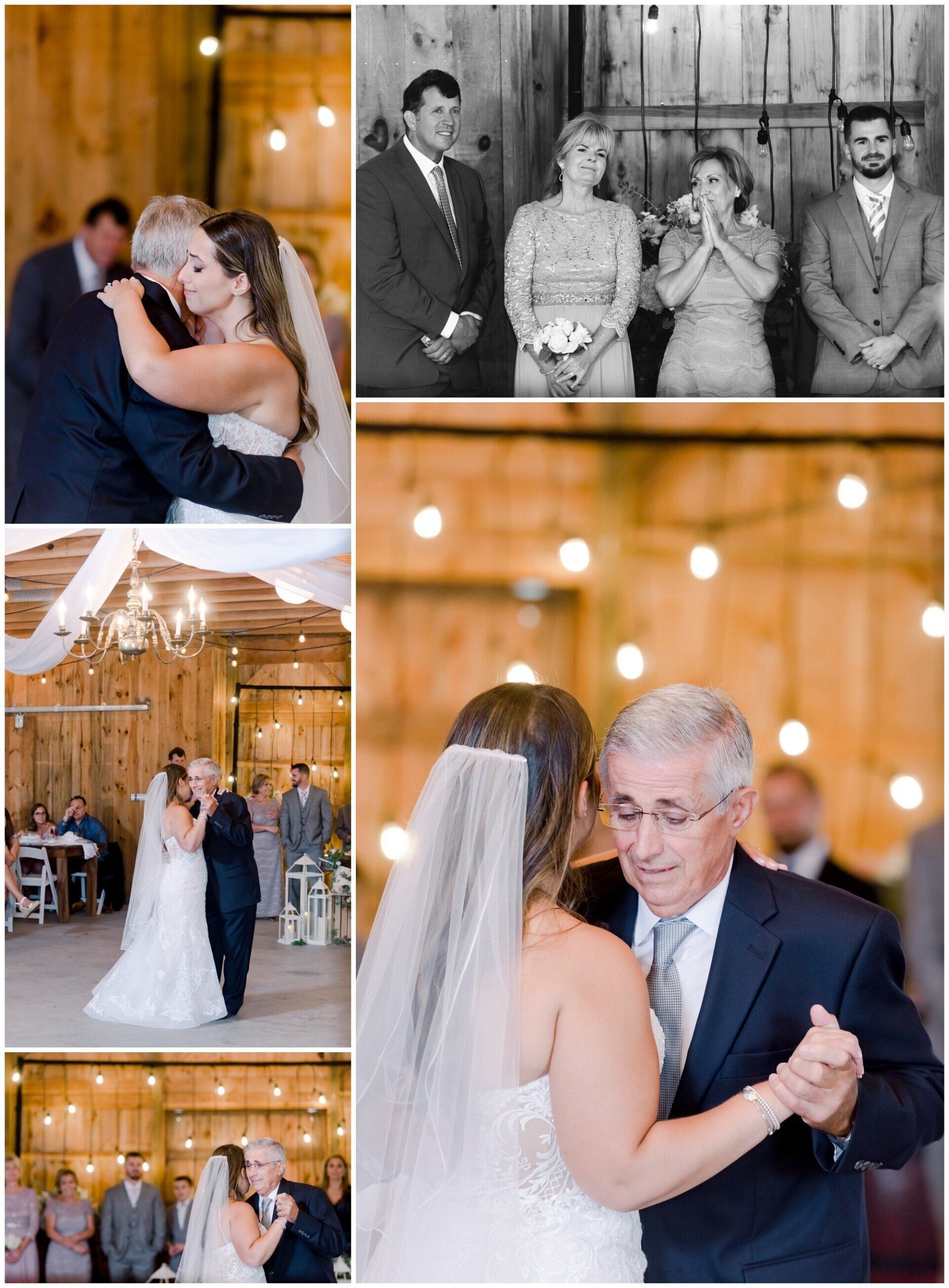 Wedding collage with bride and groom dancing in a rustic barn, plus black-and-white family portraits