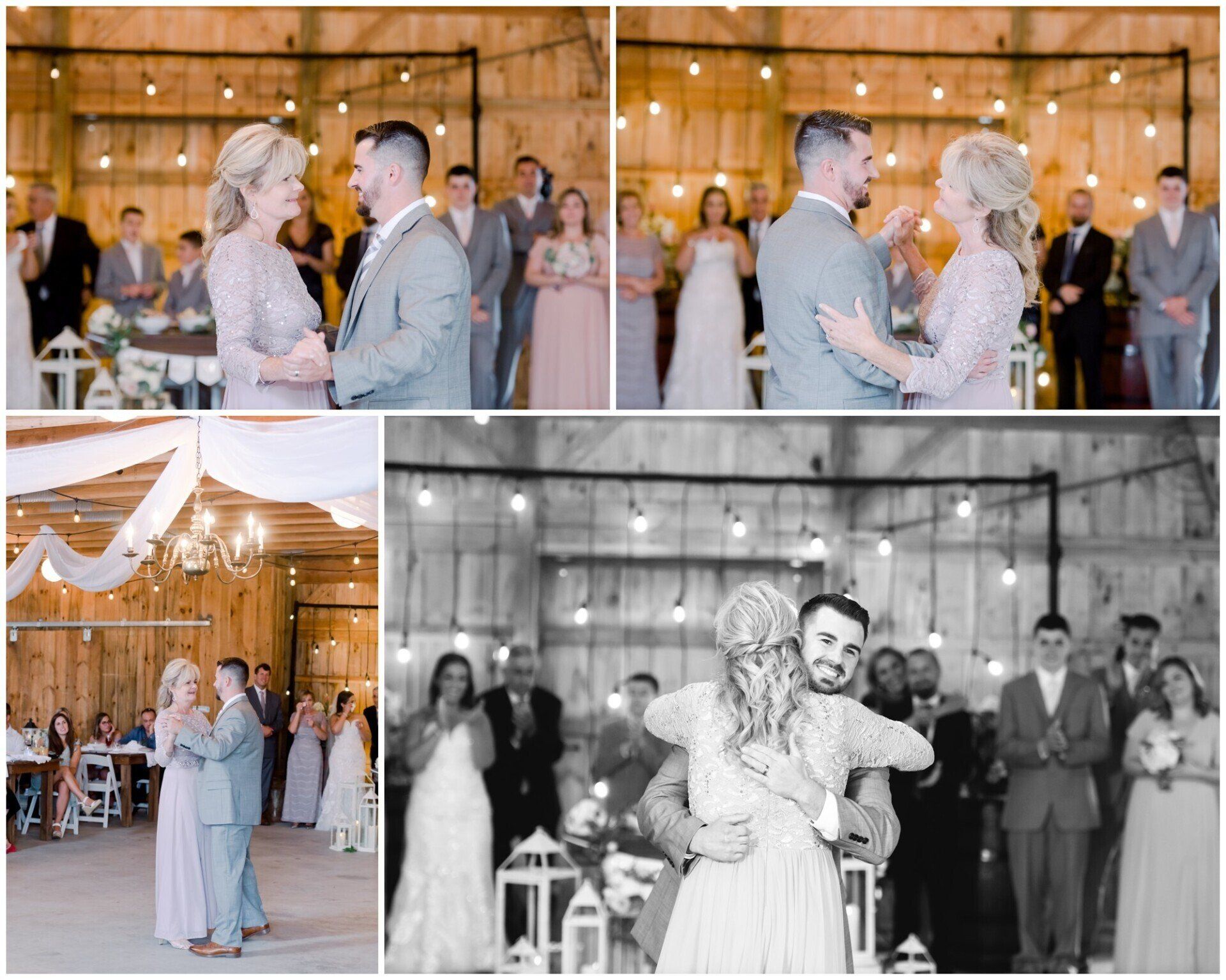 Bride and groom dance under warm string lights at a wedding reception, shown in four photo panels.