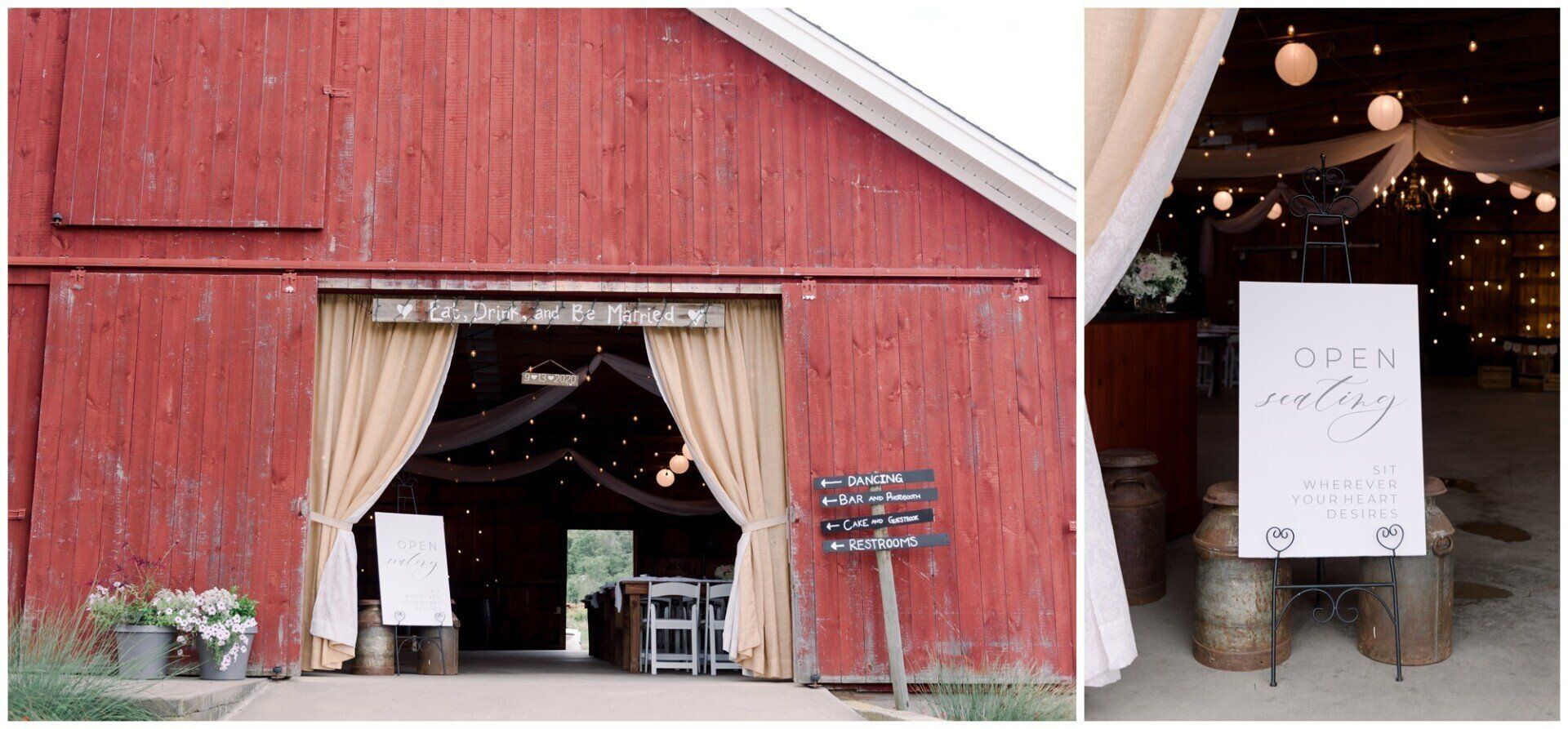 Red barn venue entrance with open drapes and hanging lights; signboard by the doorway and seating inside.