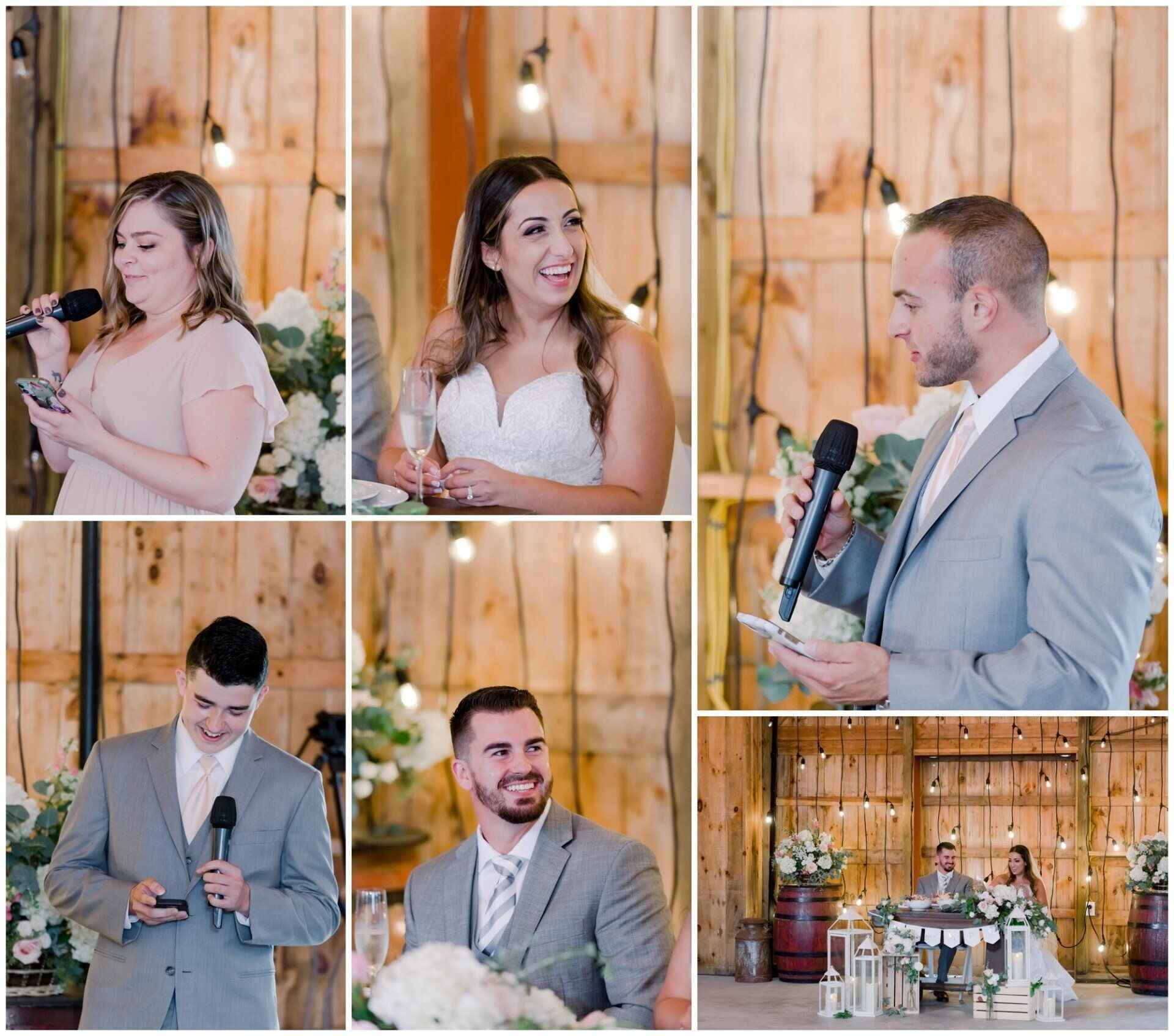 Wedding collage with bride, groom, and speakers at a rustic indoor reception