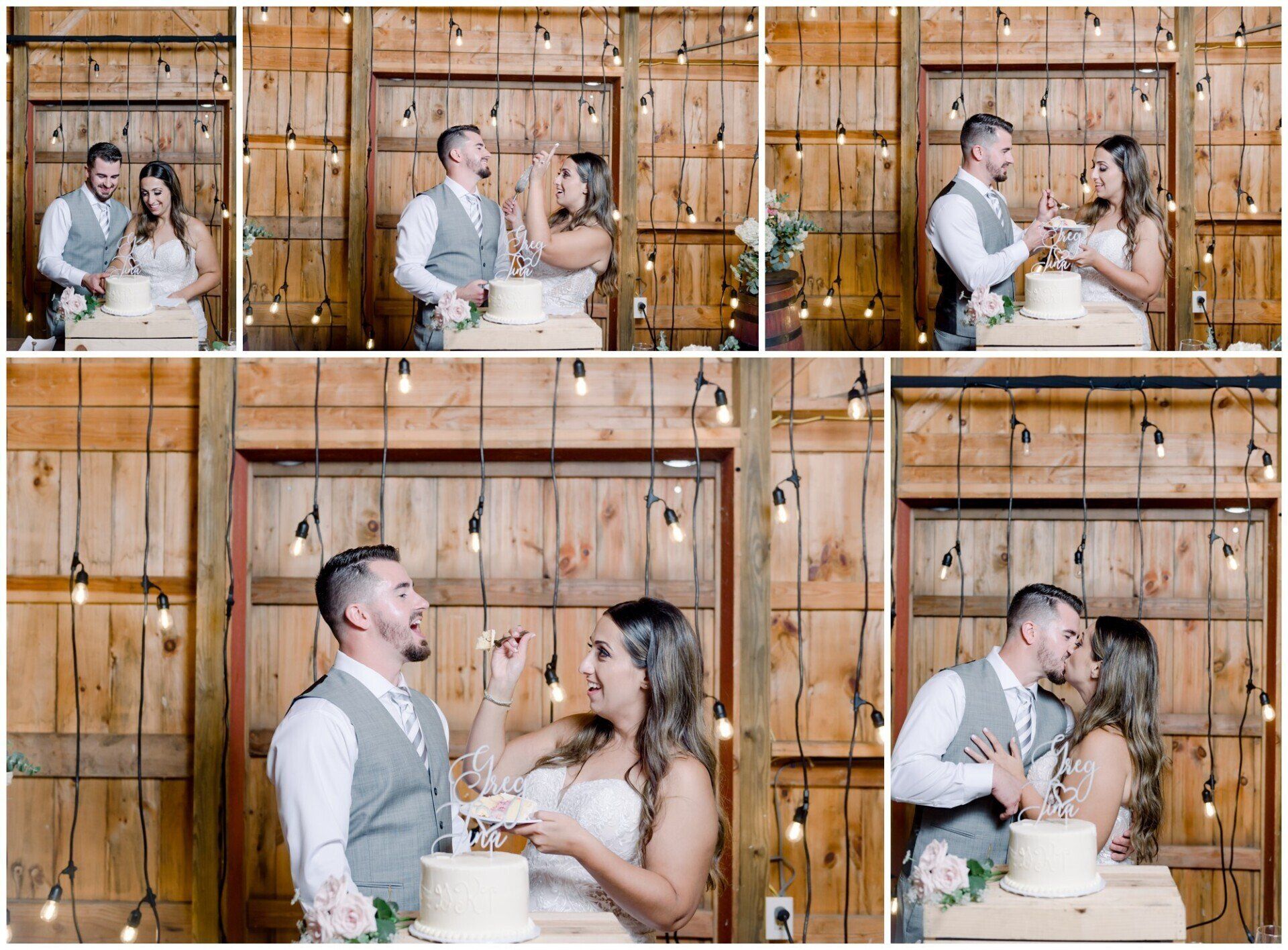 Wedding couple toasting and kissing beside a white cake in a rustic wooden barn collage