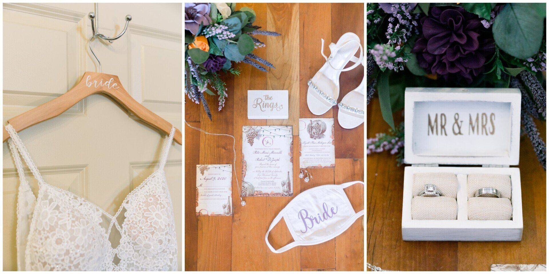 Wedding details collage: lace dress on hanger, invitations on wood, and rings in a box labeled “Mr & Mrs”
