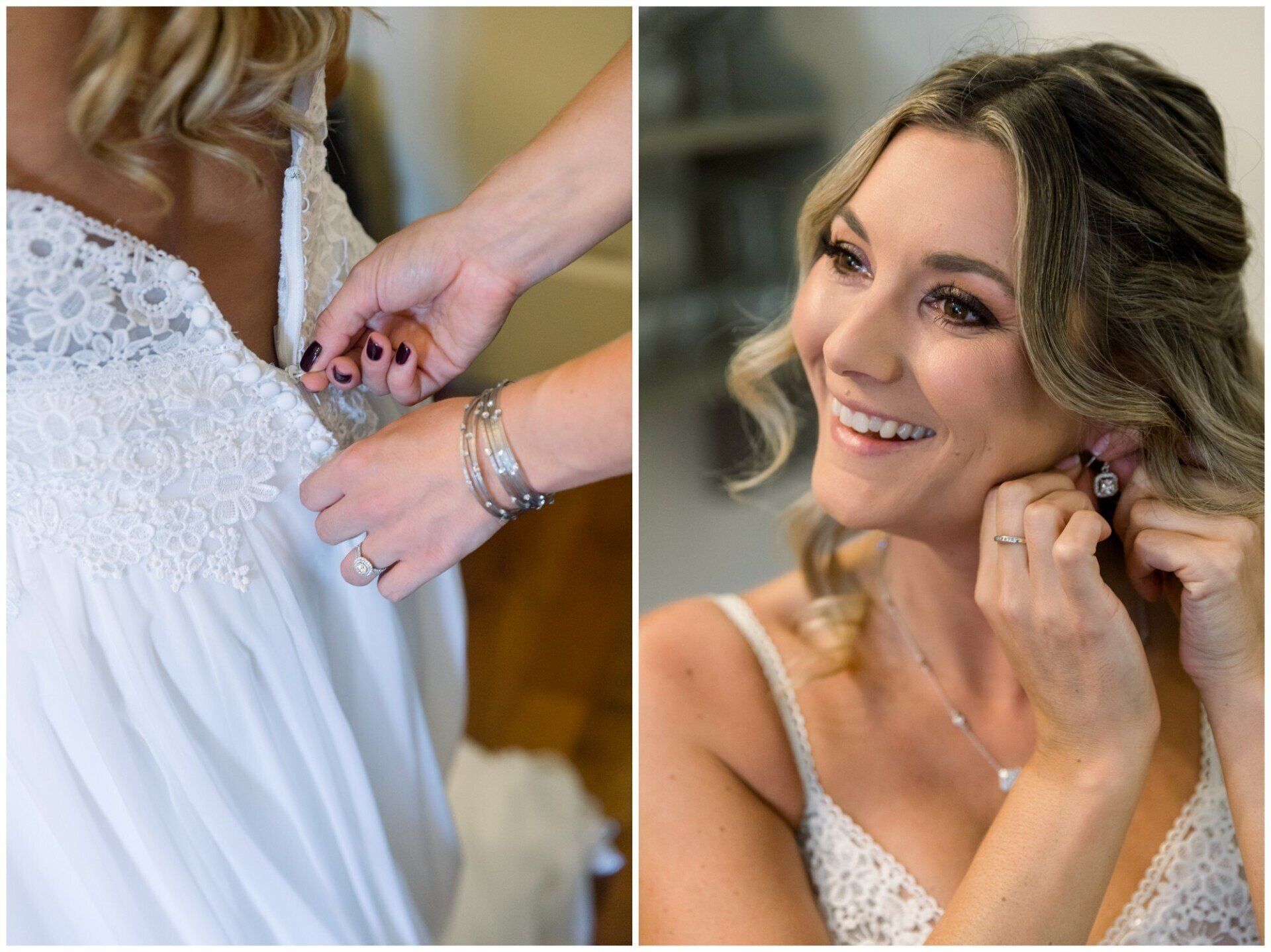 Bride being dressed in a white lace gown and smiling while putting on earrings