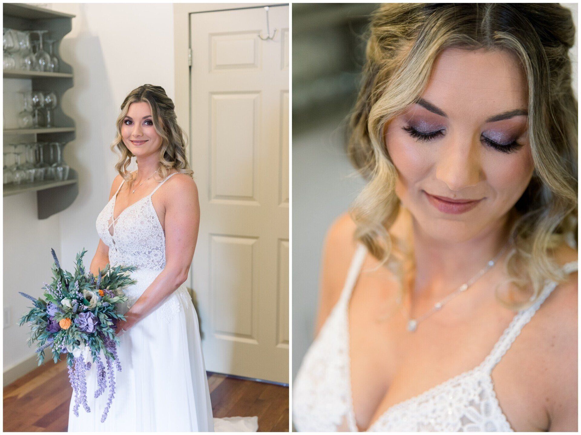 Bride in a white lace dress holding a purple-and-blue bouquet, with a close-up of her smiling makeup look