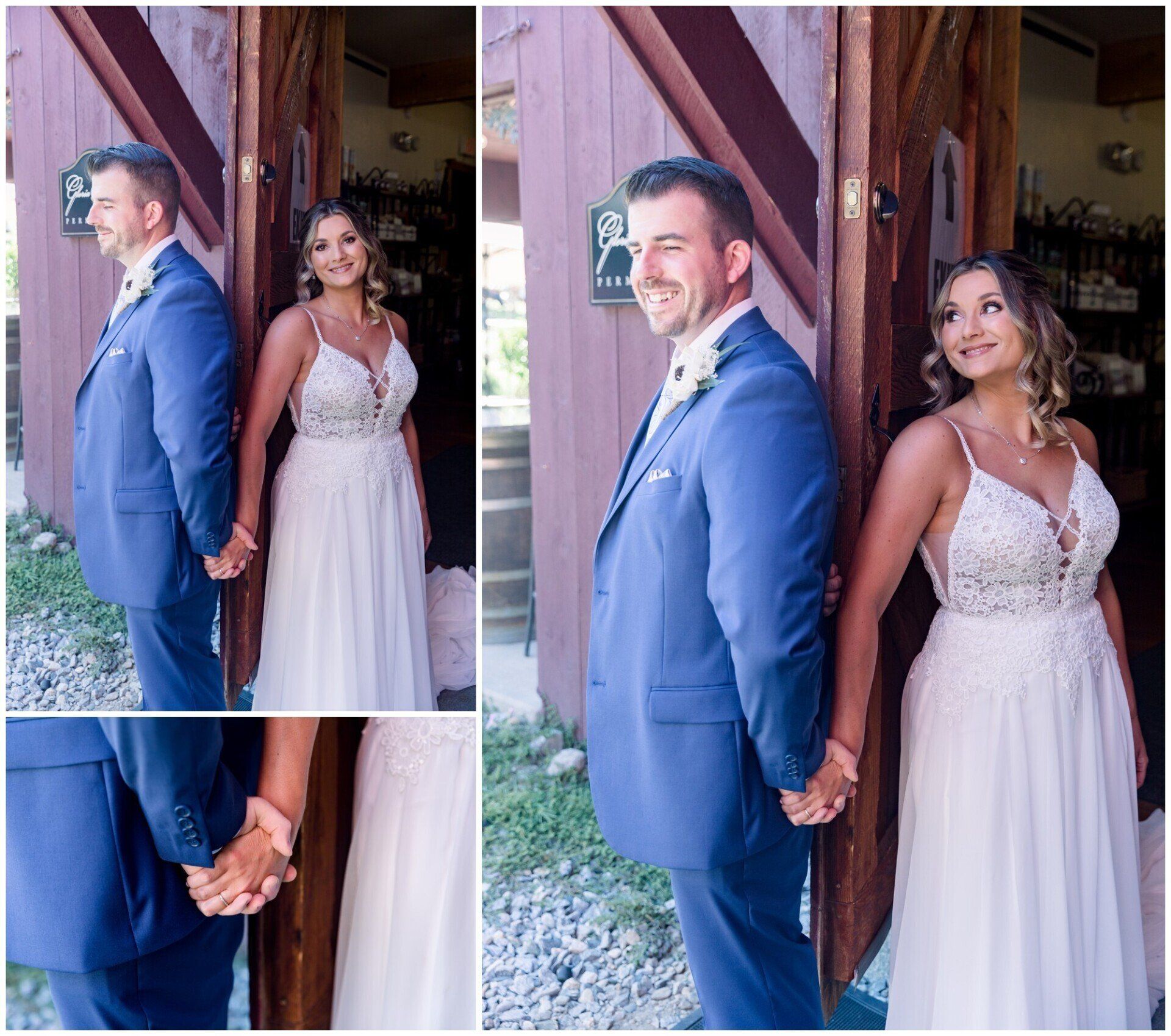 Bride and groom pose back-to-back in a wooden doorway, with a small collage of the same wedding portrait.