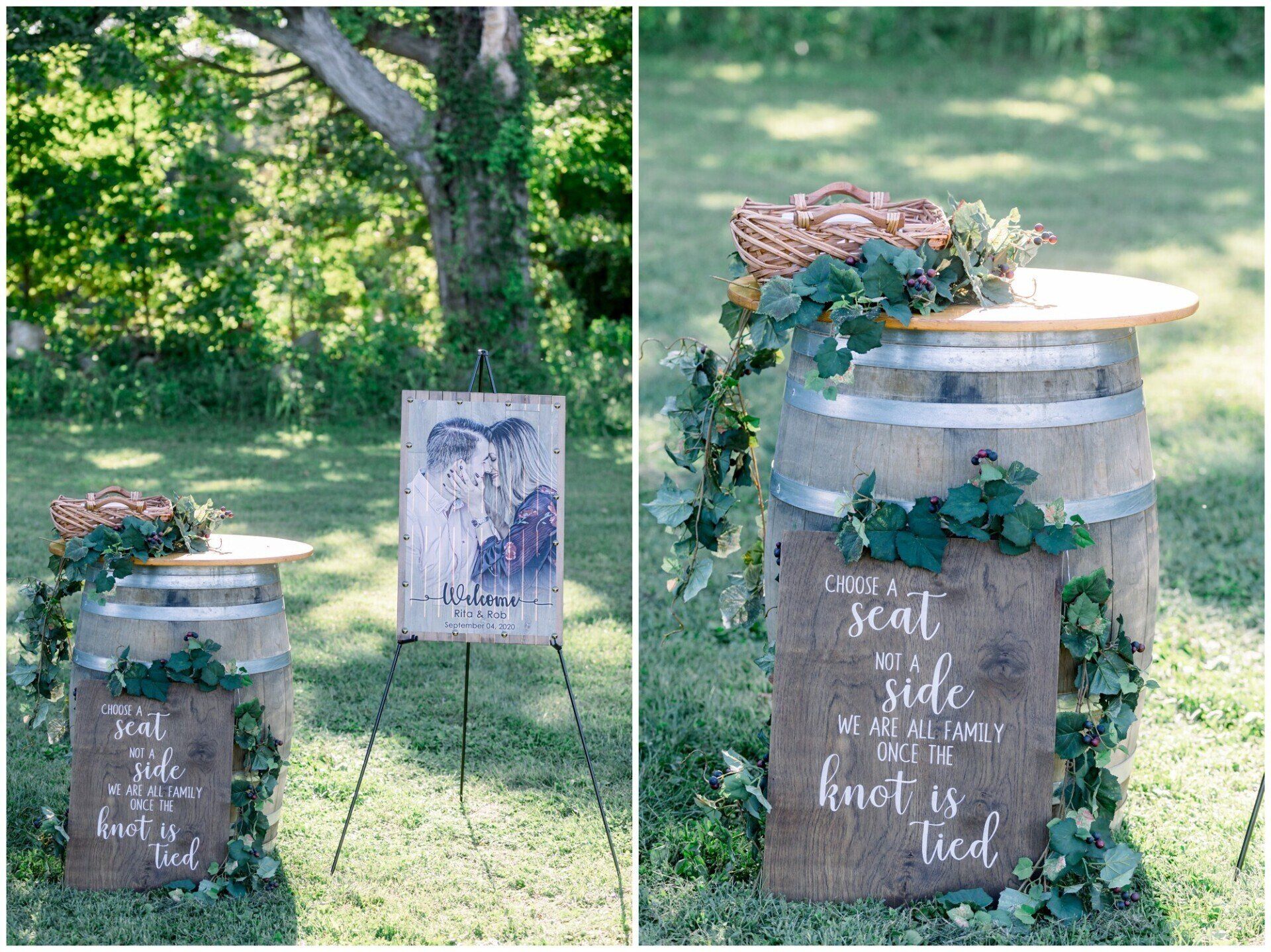Decorated wooden barrels with greenery and a wedding sign in a grassy outdoor setting