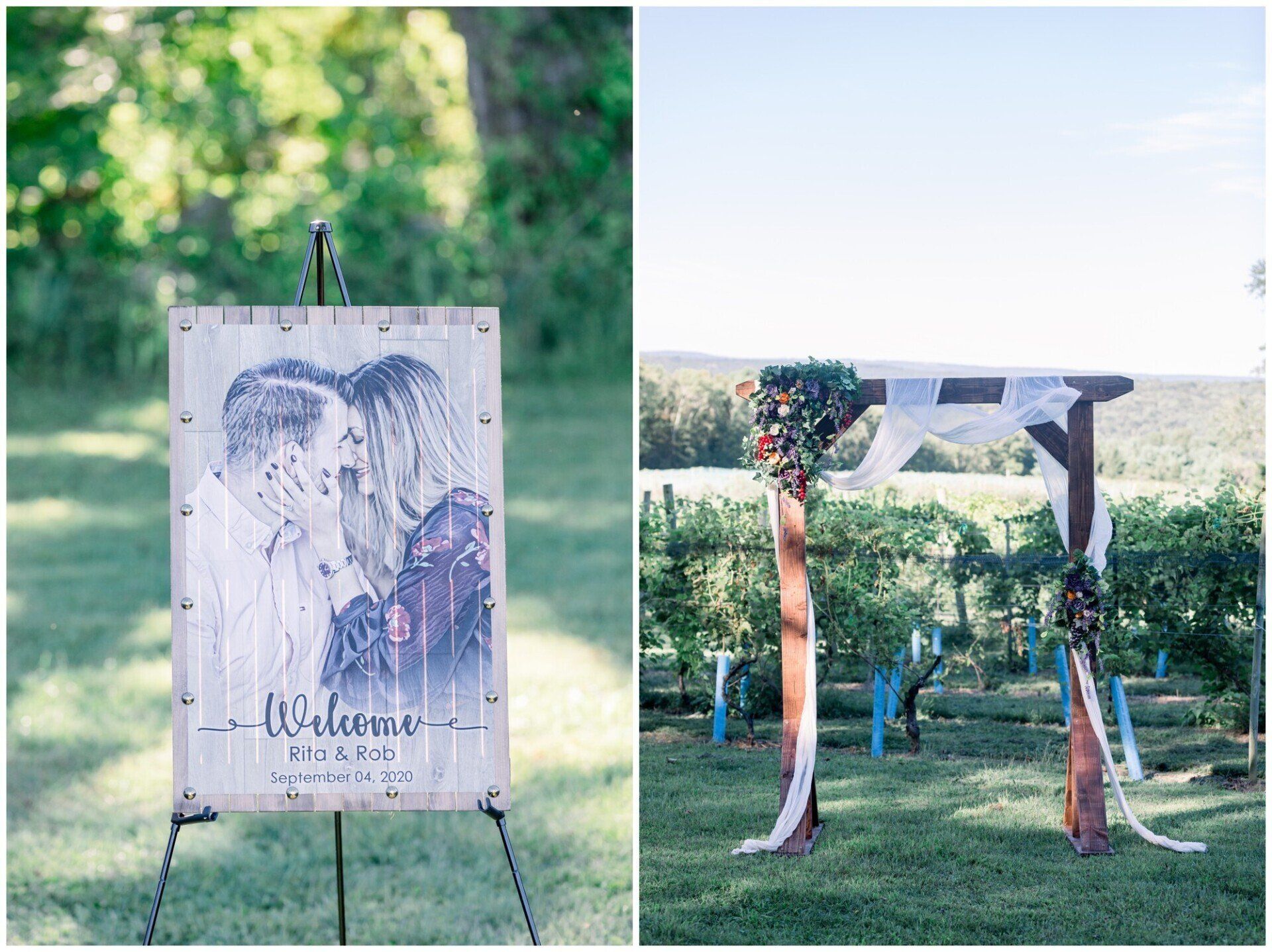 Wedding welcome sign and decorated arch in a vineyard at sunset