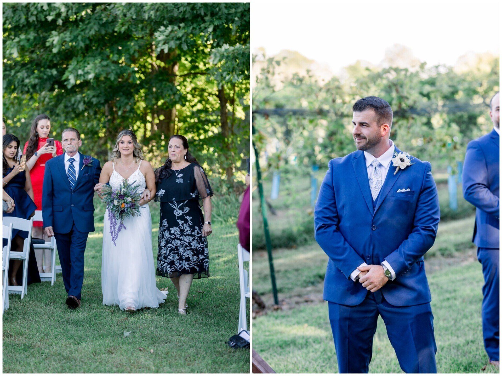 Wedding guests walk outdoors; a groom in a blue suit stands smiling beside a bride in a white dress.