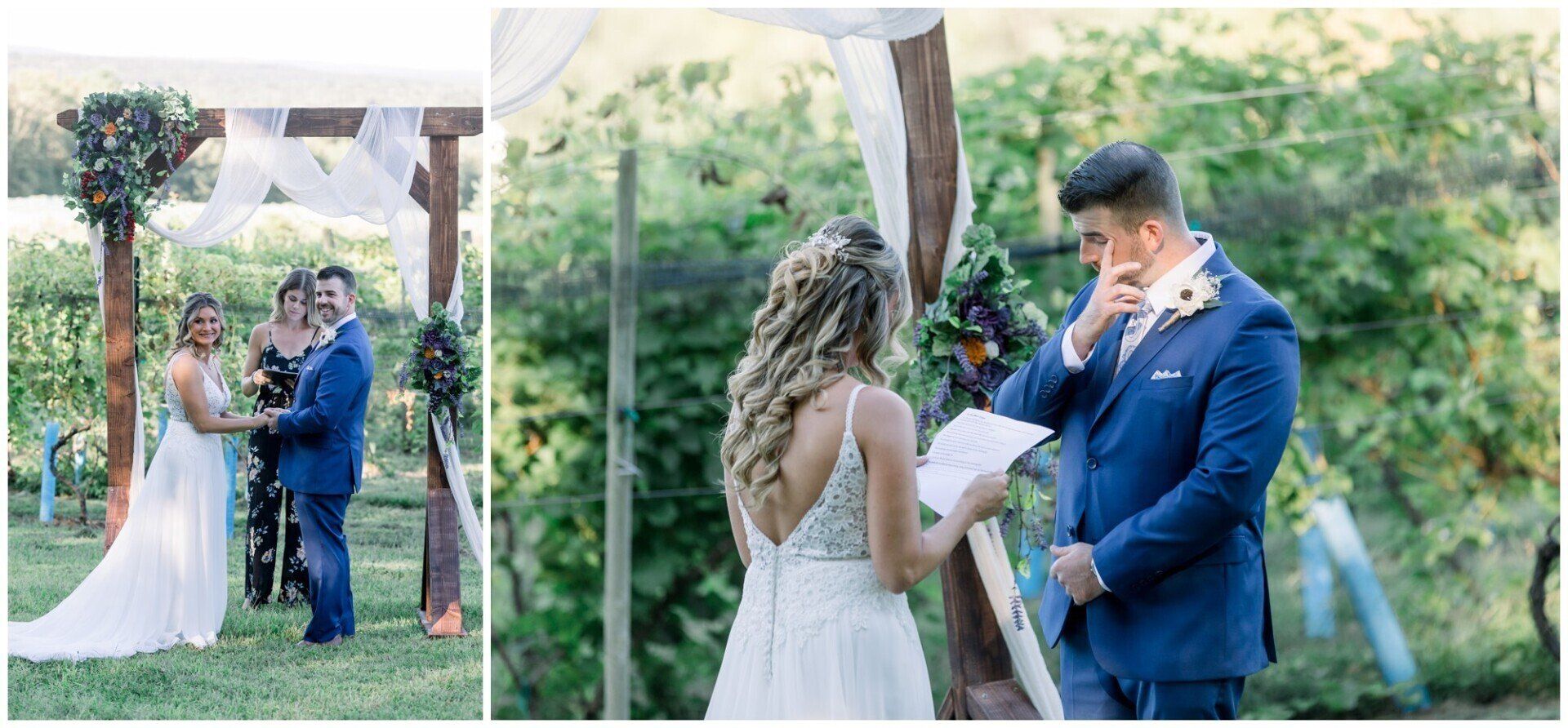 Bride and groom exchanging vows under a white pergola in a green outdoor garden ceremony
