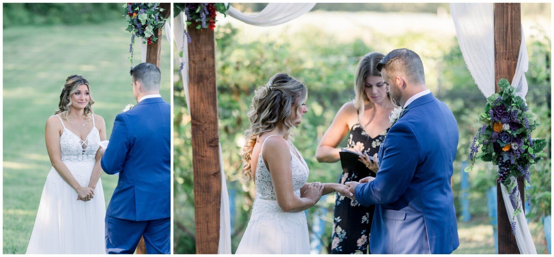 Bride and groom exchanging vows outdoors under a floral arch, with officiant beside them