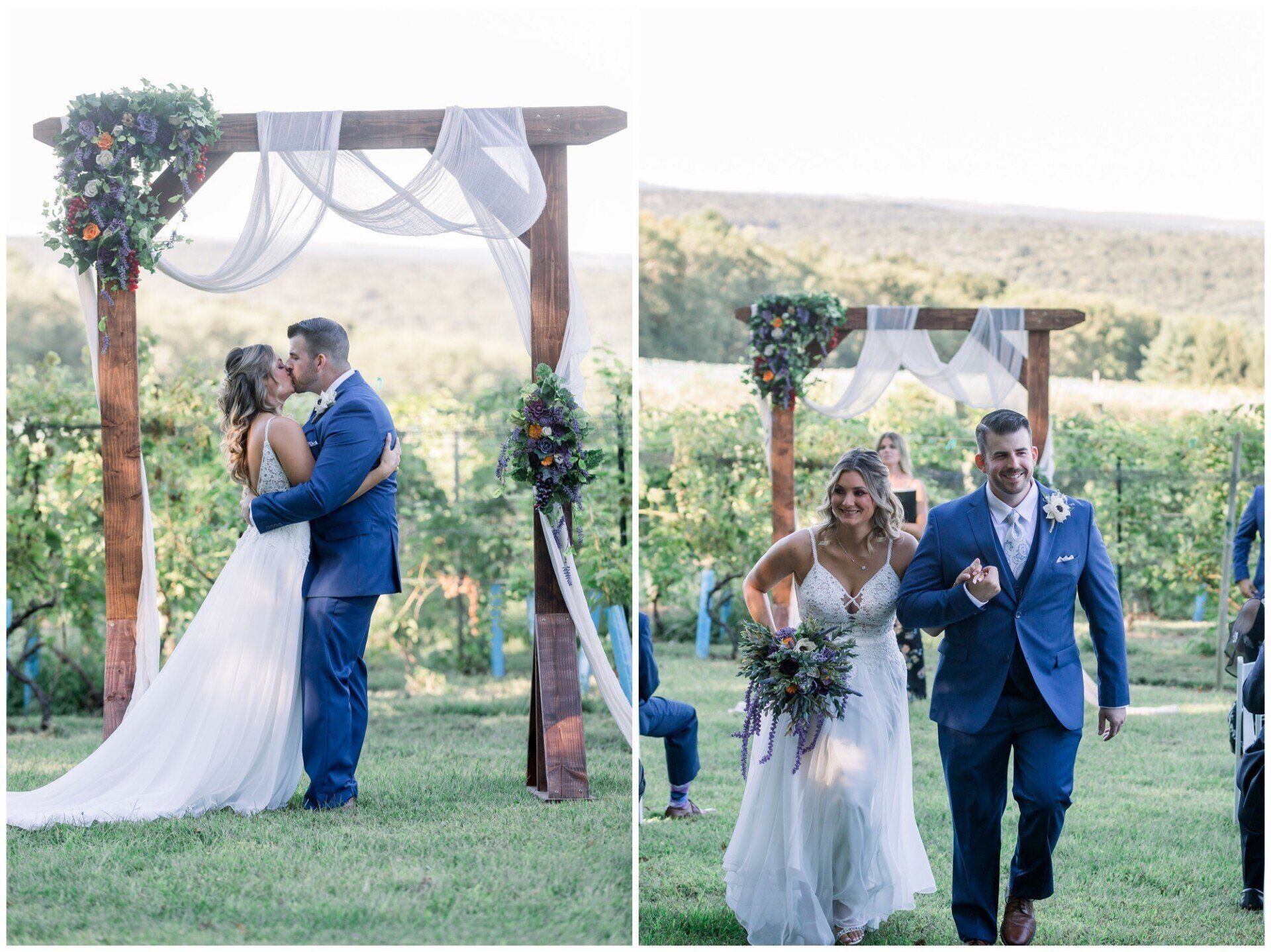 Bride and groom kissing under a flowered arch and walking together outdoors at their wedding