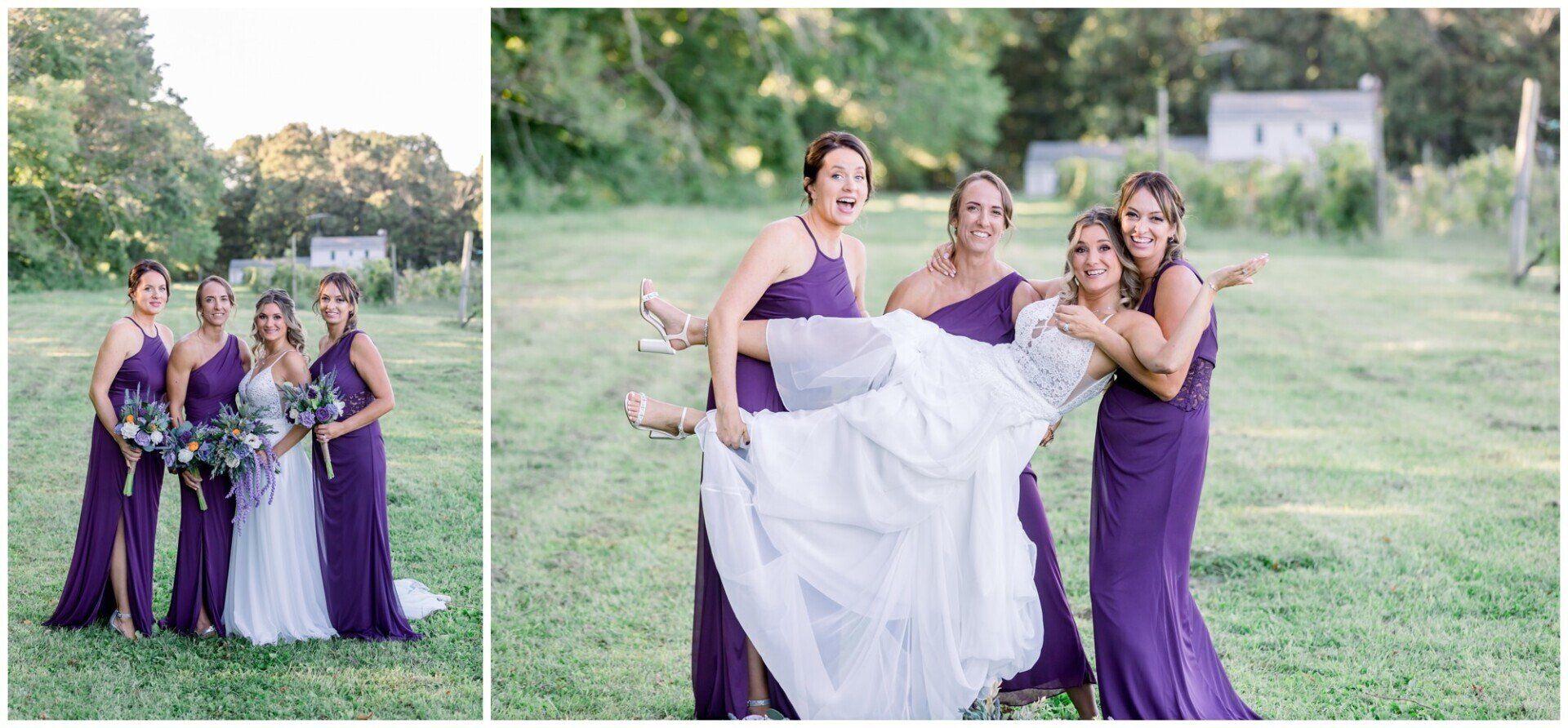 Four women in purple dresses pose outdoors, one holding a white skirt in a grassy field.