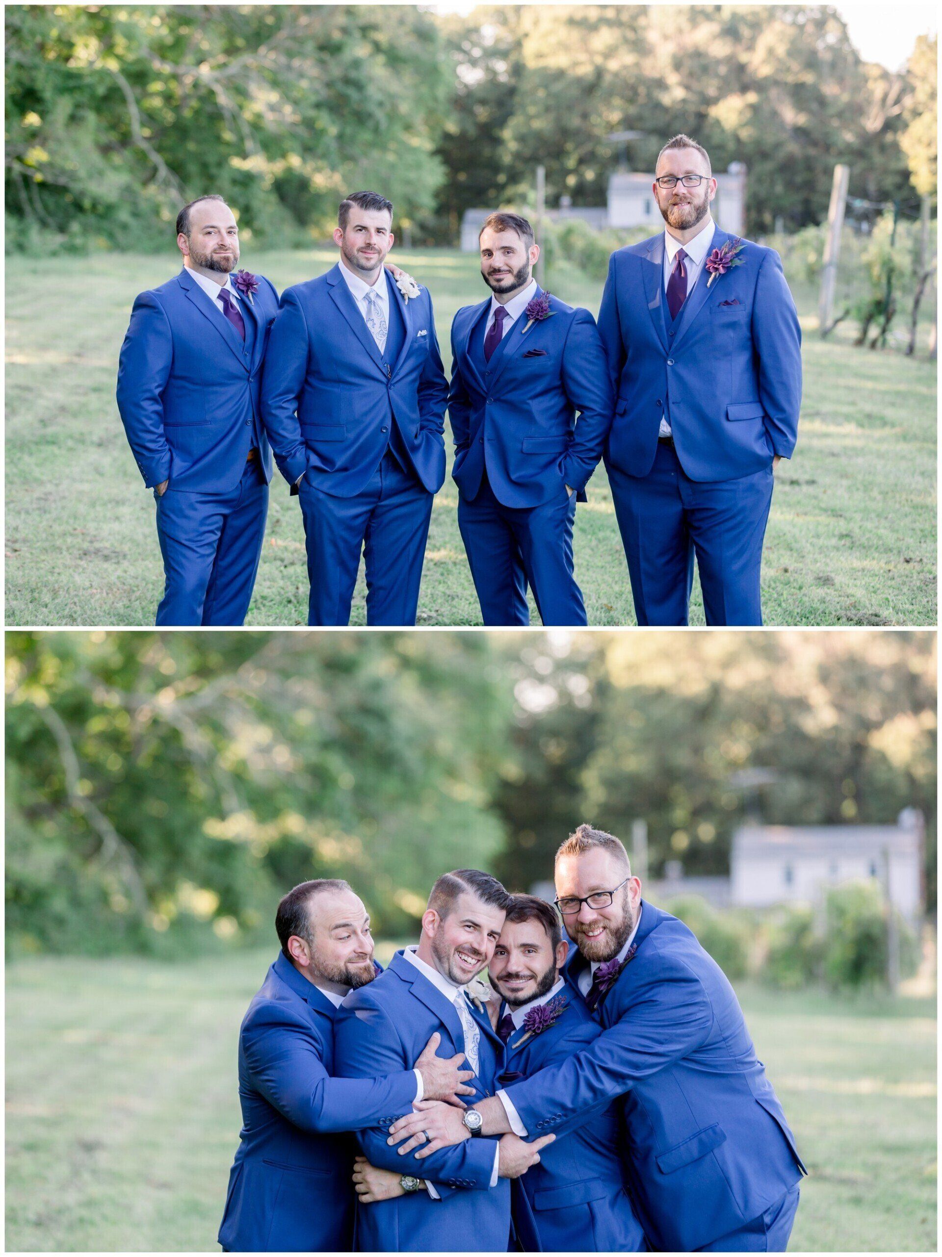 Four men in blue suits posing outdoors, then huddling together in a playful group hug.