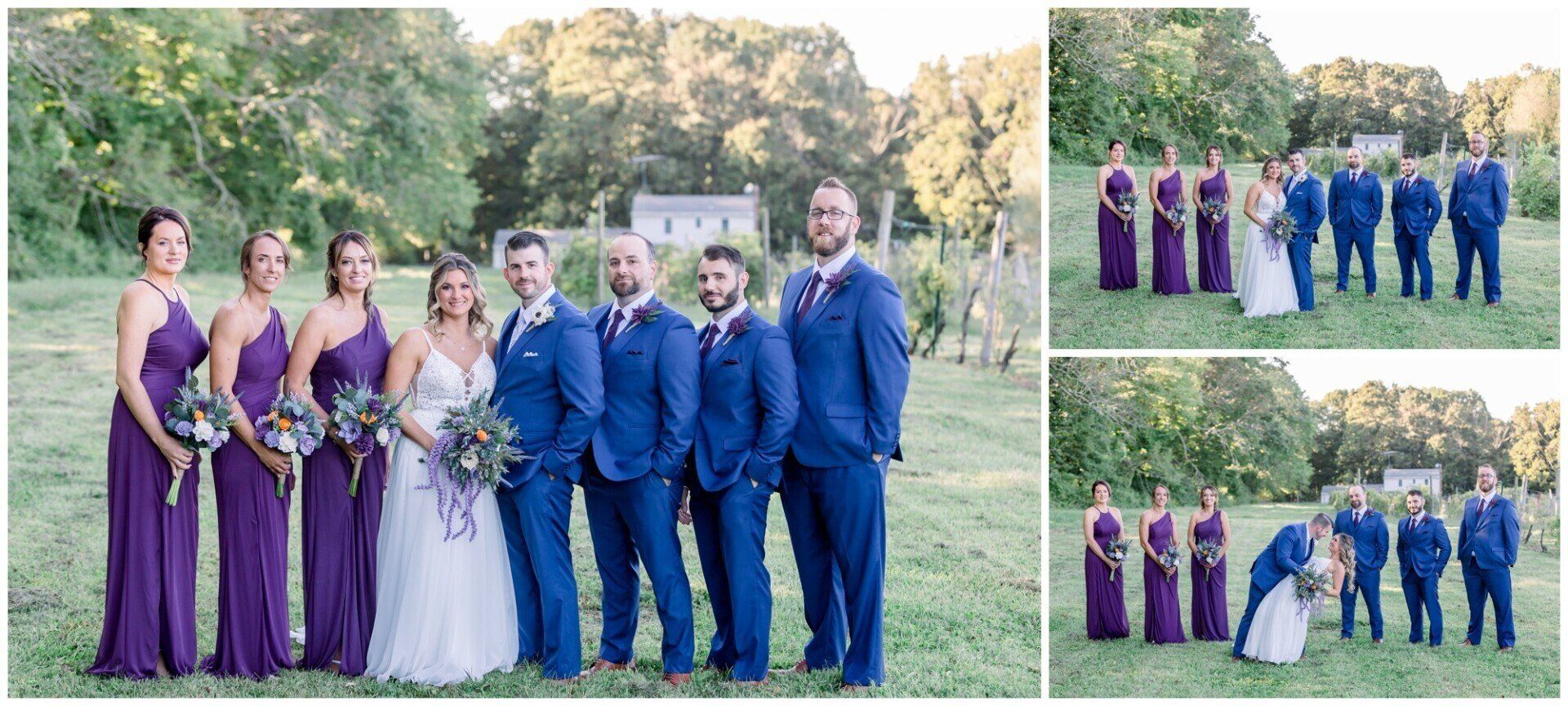 Wedding party posing outdoors; bride in white, attendants in purple and blue suits in a garden.