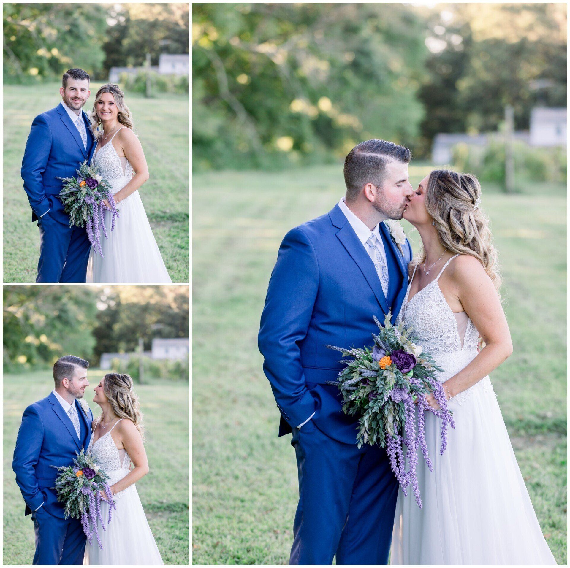 Bride and groom kiss in a green outdoor setting, bride holding a purple bouquet, in a wedding photo collage