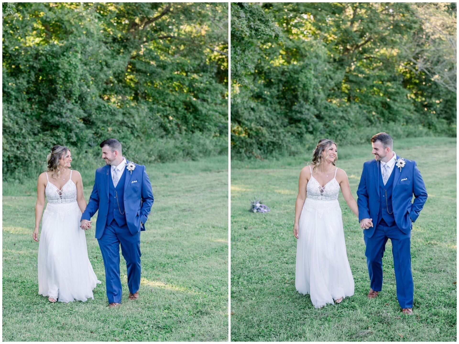 Bride and groom in white and blue outfits standing together in a grassy outdoor setting