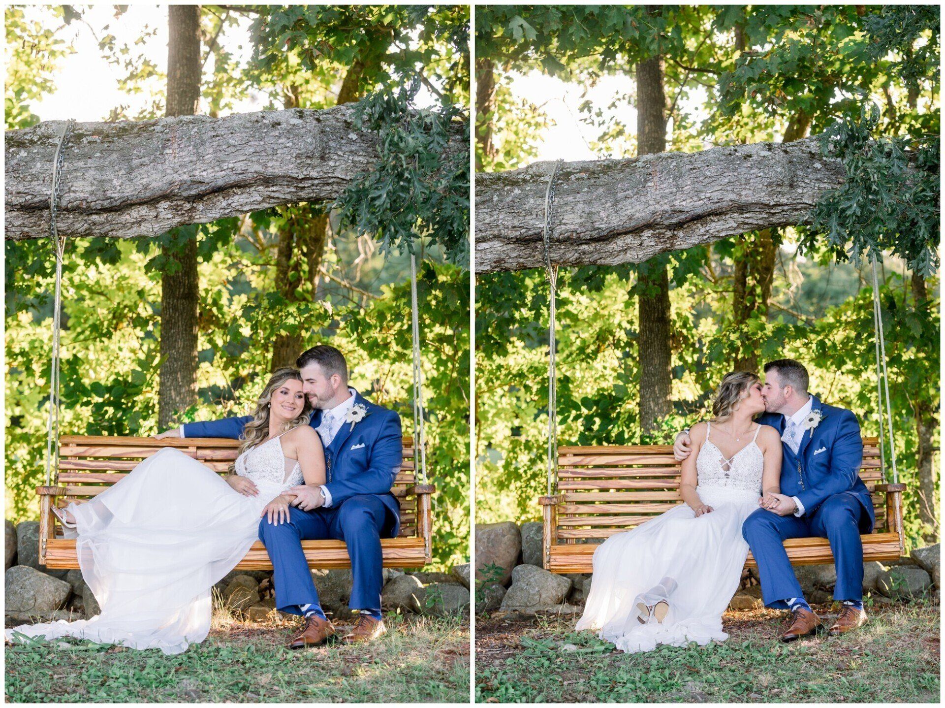 Bride and groom kissing on a bench in a sunlit garden, shown in two side-by-side photos.