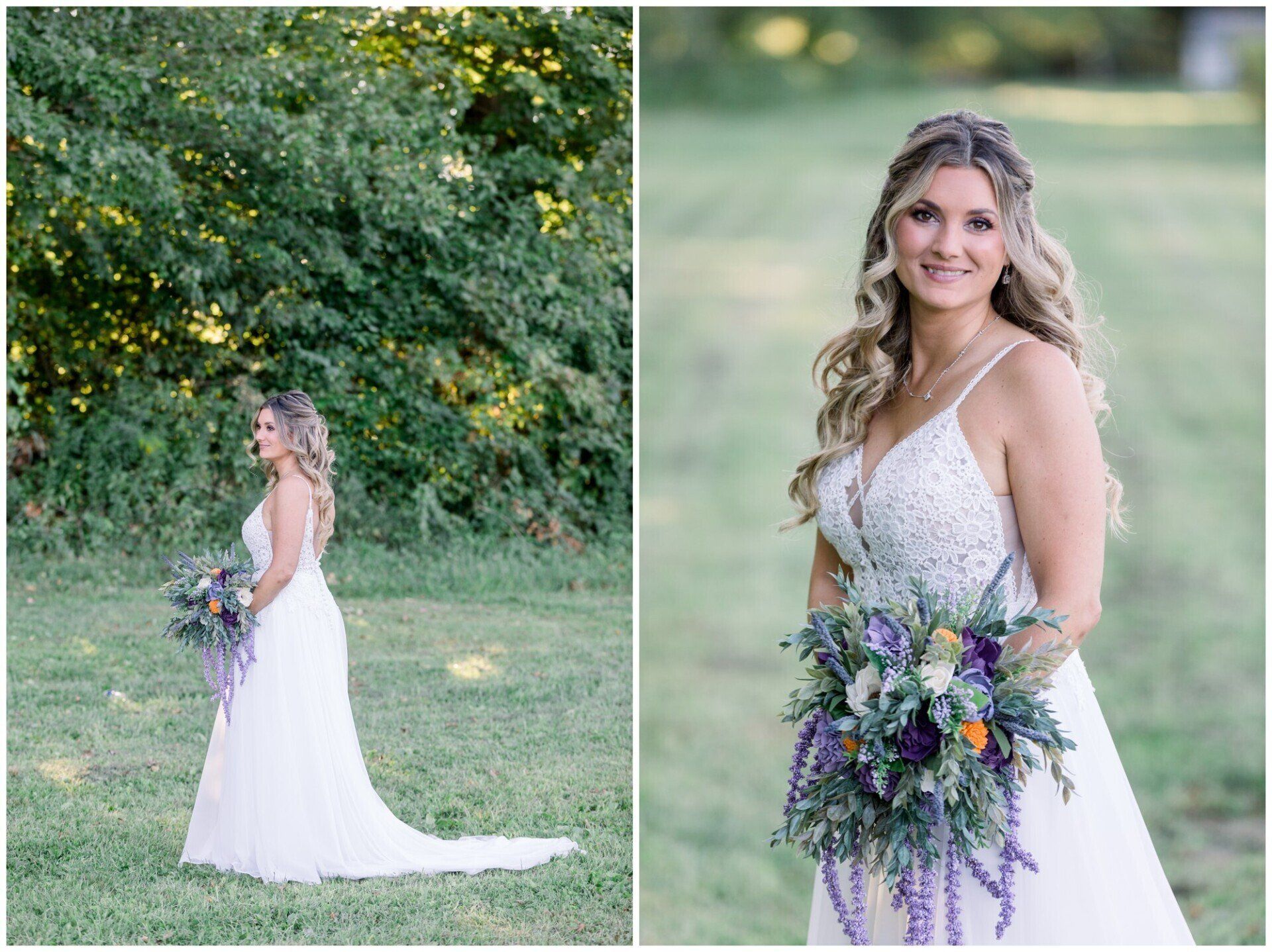 Bride in a white gown holding a purple-and-orange bouquet outdoors on grass near trees