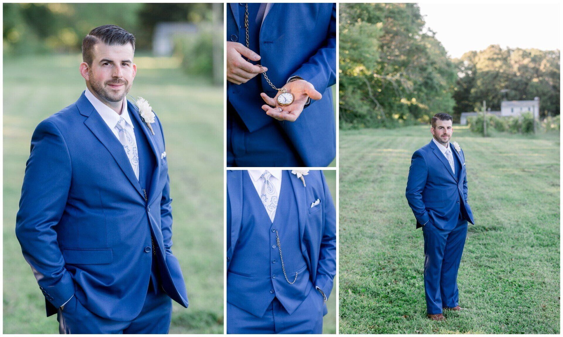 Man in a blue suit posing outdoors in a grassy park, with close-up shots of his jacket and tie.