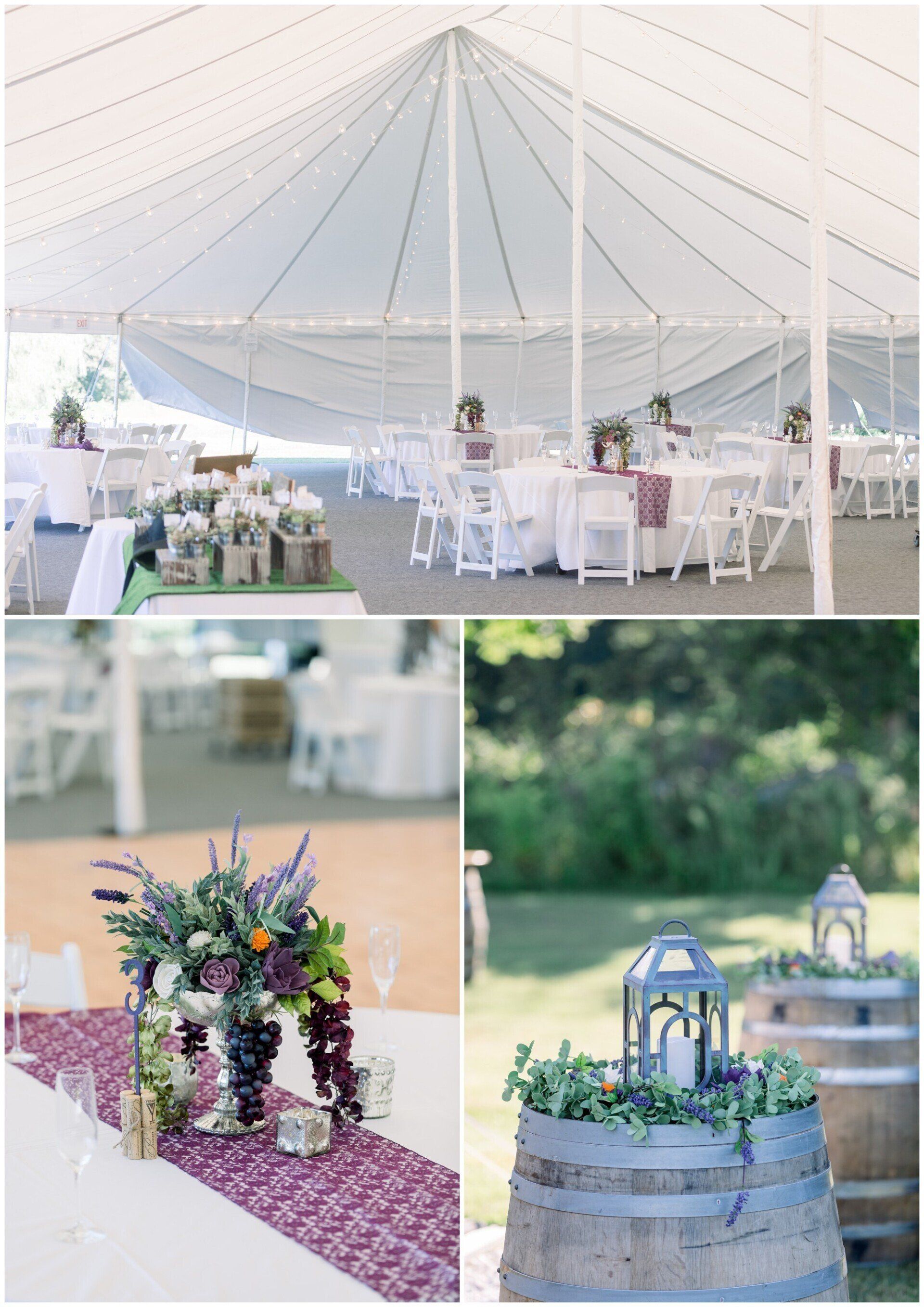 White outdoor wedding tent with floral table settings and rustic lantern centerpieces