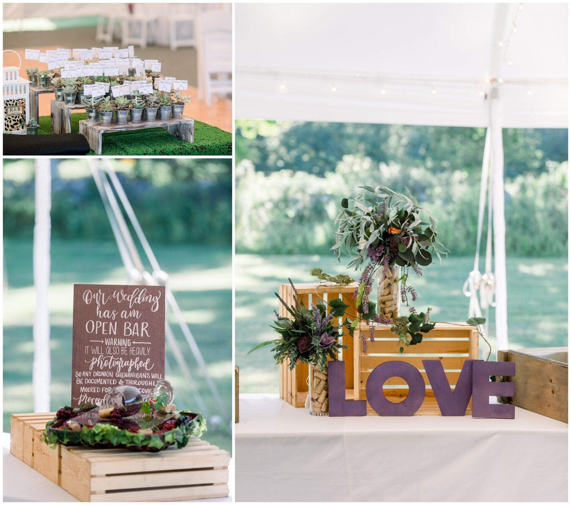 Wedding gift table displays greenery, rustic favors, and purple “LOVE” letters under a white tent.