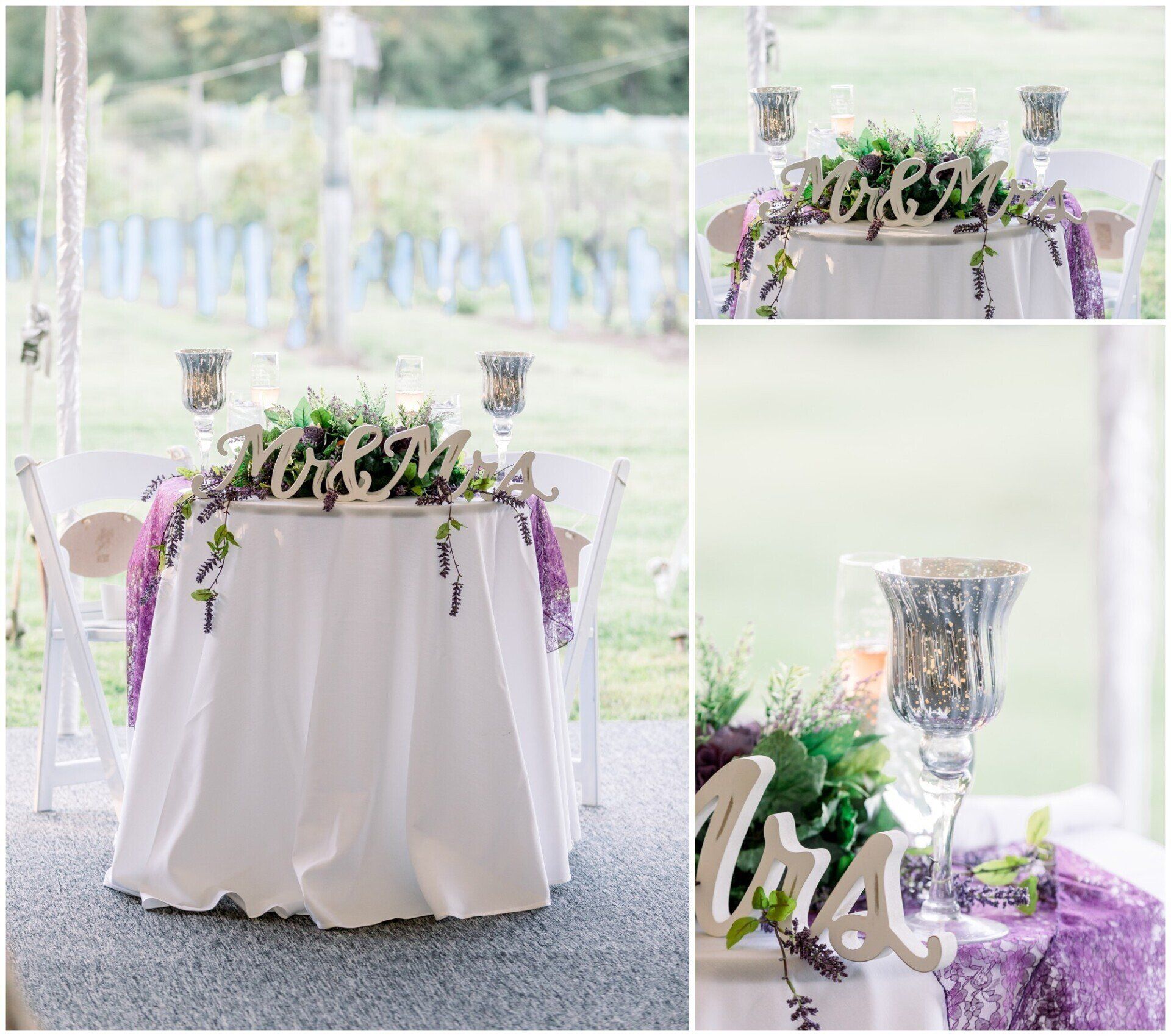 Elegant white wedding table with silver goblets and purple floral decor in a bright outdoor setting