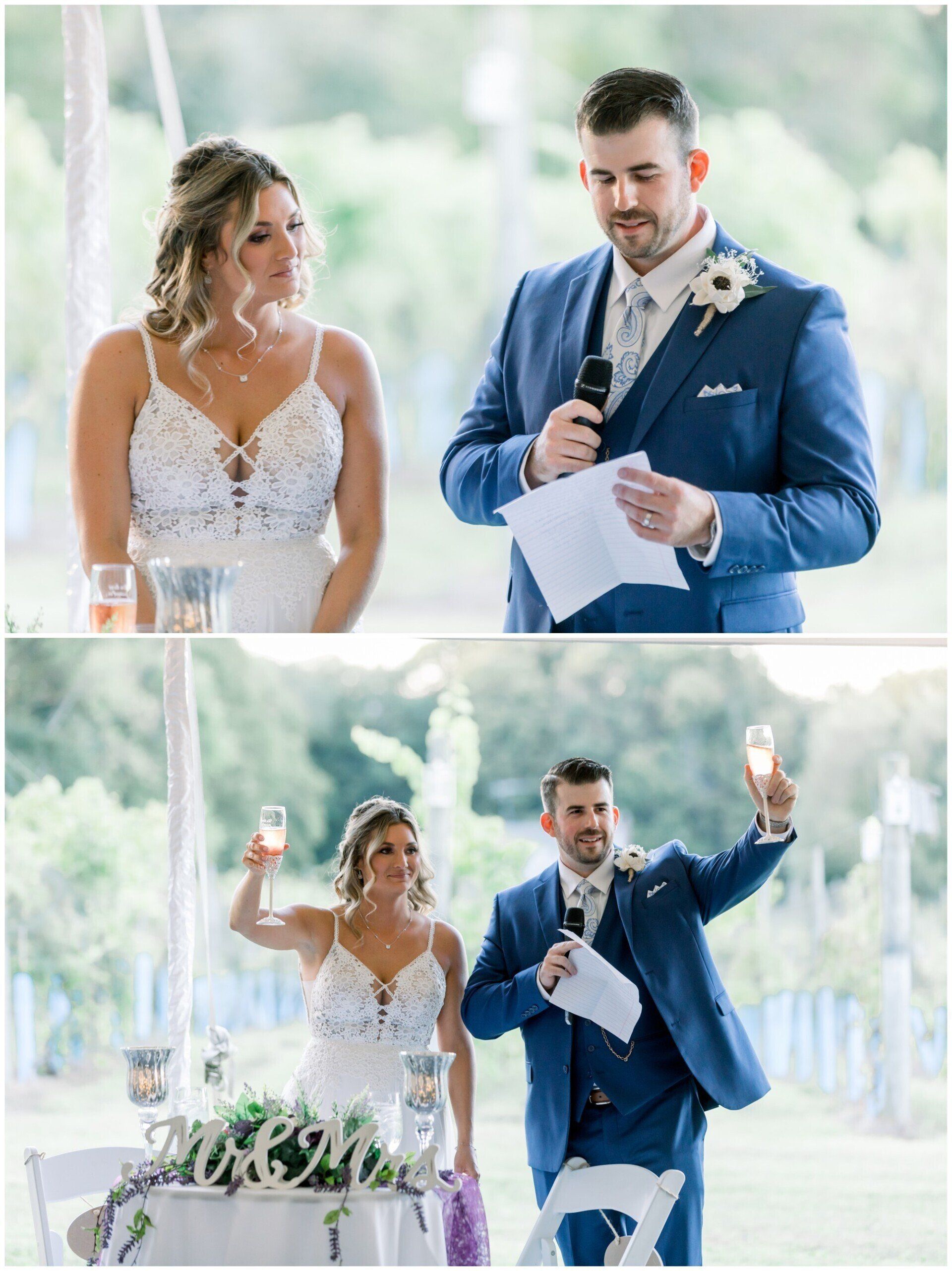 Bride and groom at the wedding altar, holding hands and speaking into a microphone outdoors