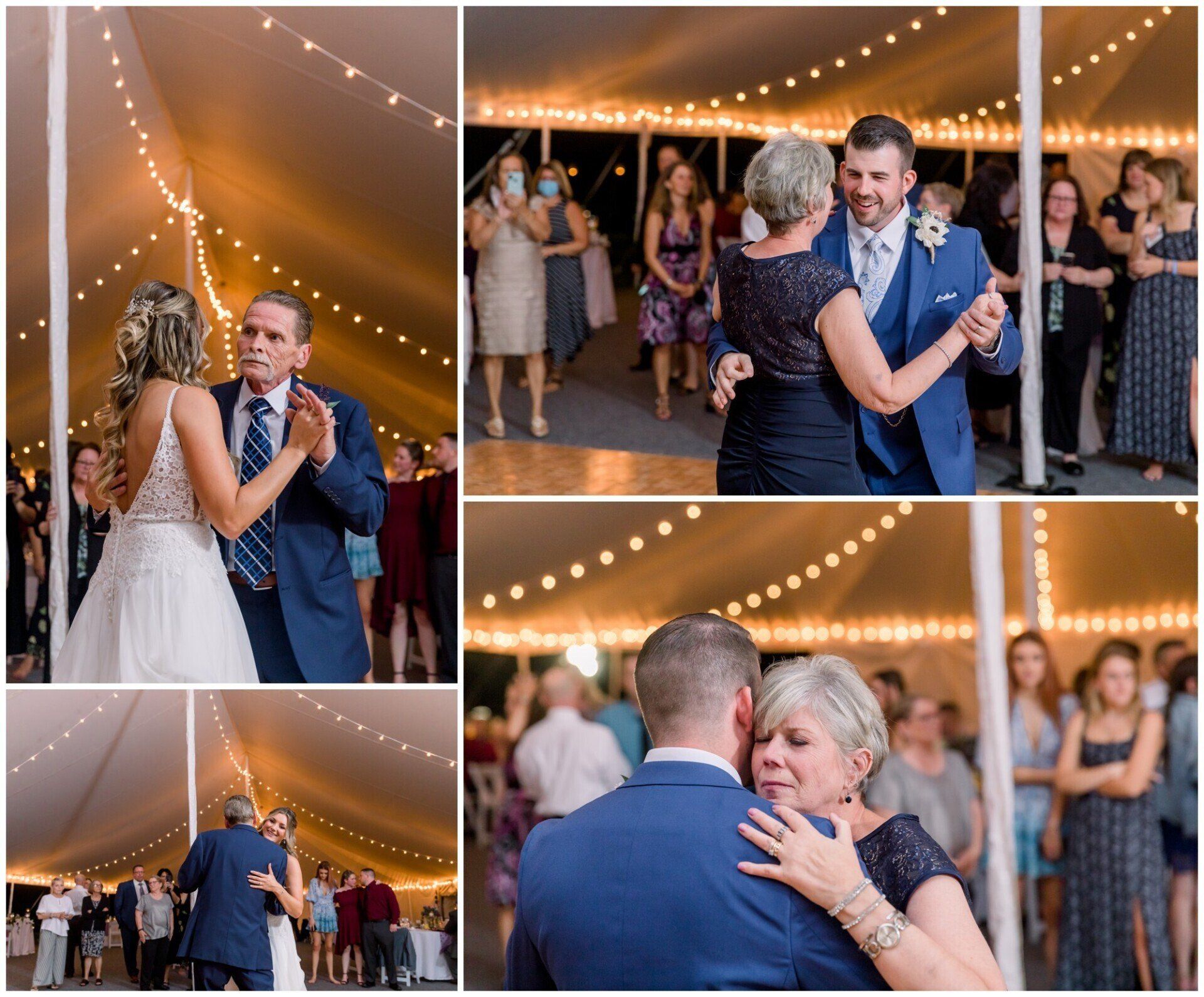 Wedding couple slow dancing under string lights, with guests watching and smiling nearby.