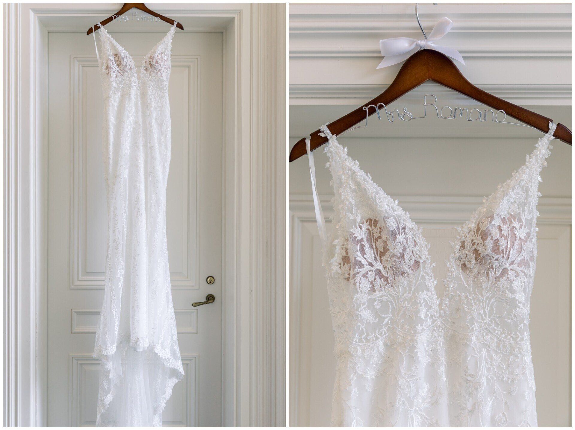 White lace wedding dress hanging on a wooden hanger against a white door, shown full-length and close-up.