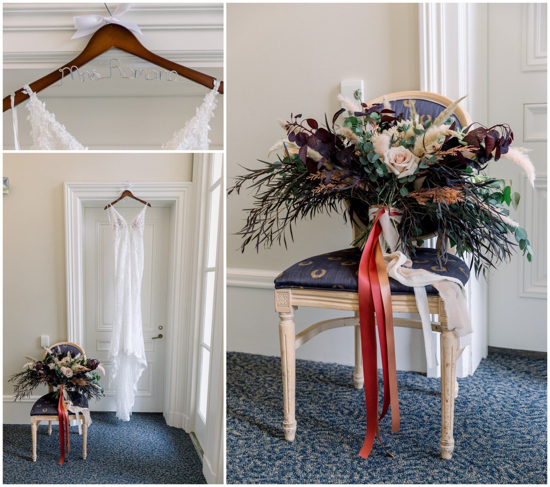 White lace dress on a wooden hanger with floral arrangement on a chair in a bright room, carpeted floor
